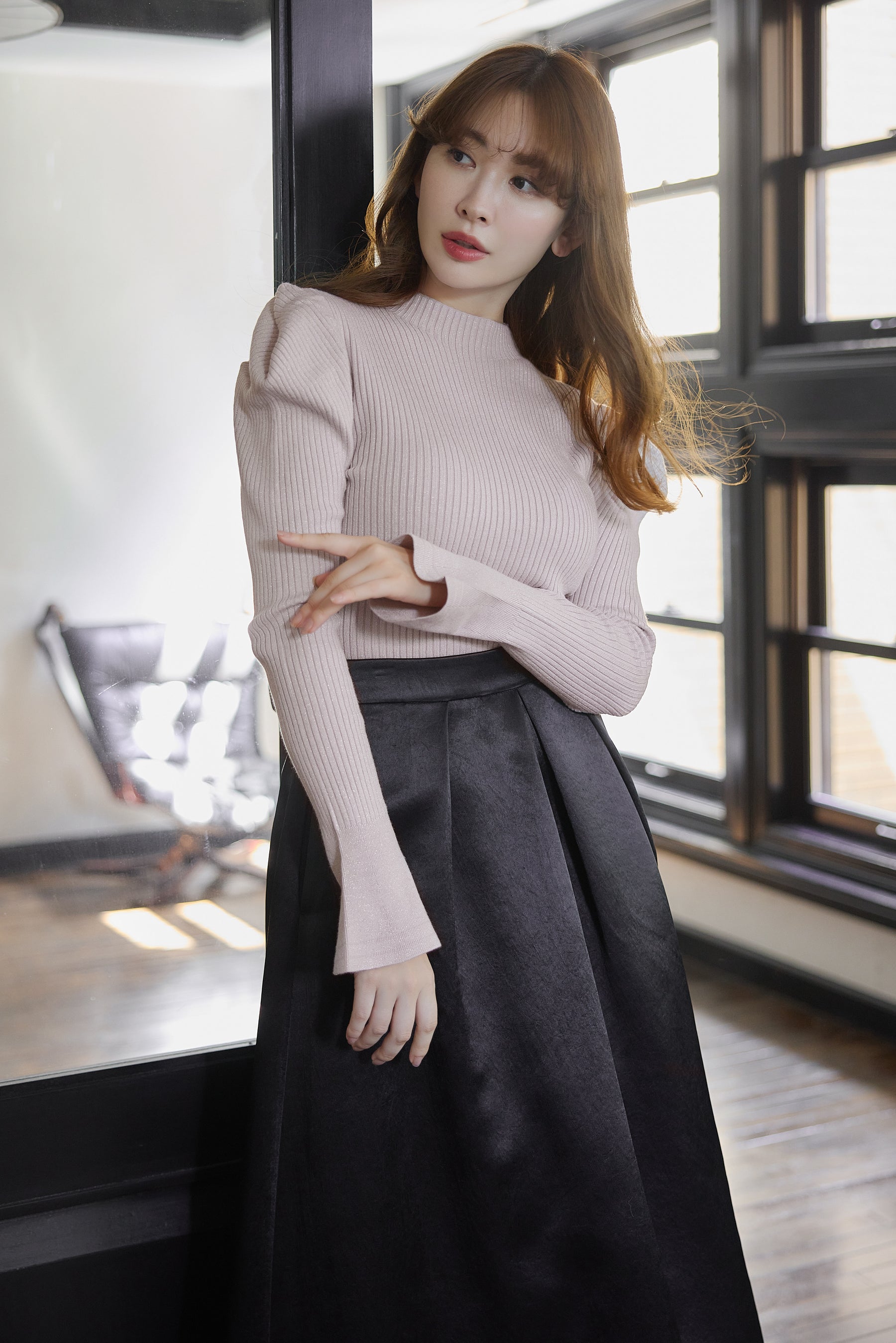 Volume-Sleeve Glitter Knit Top