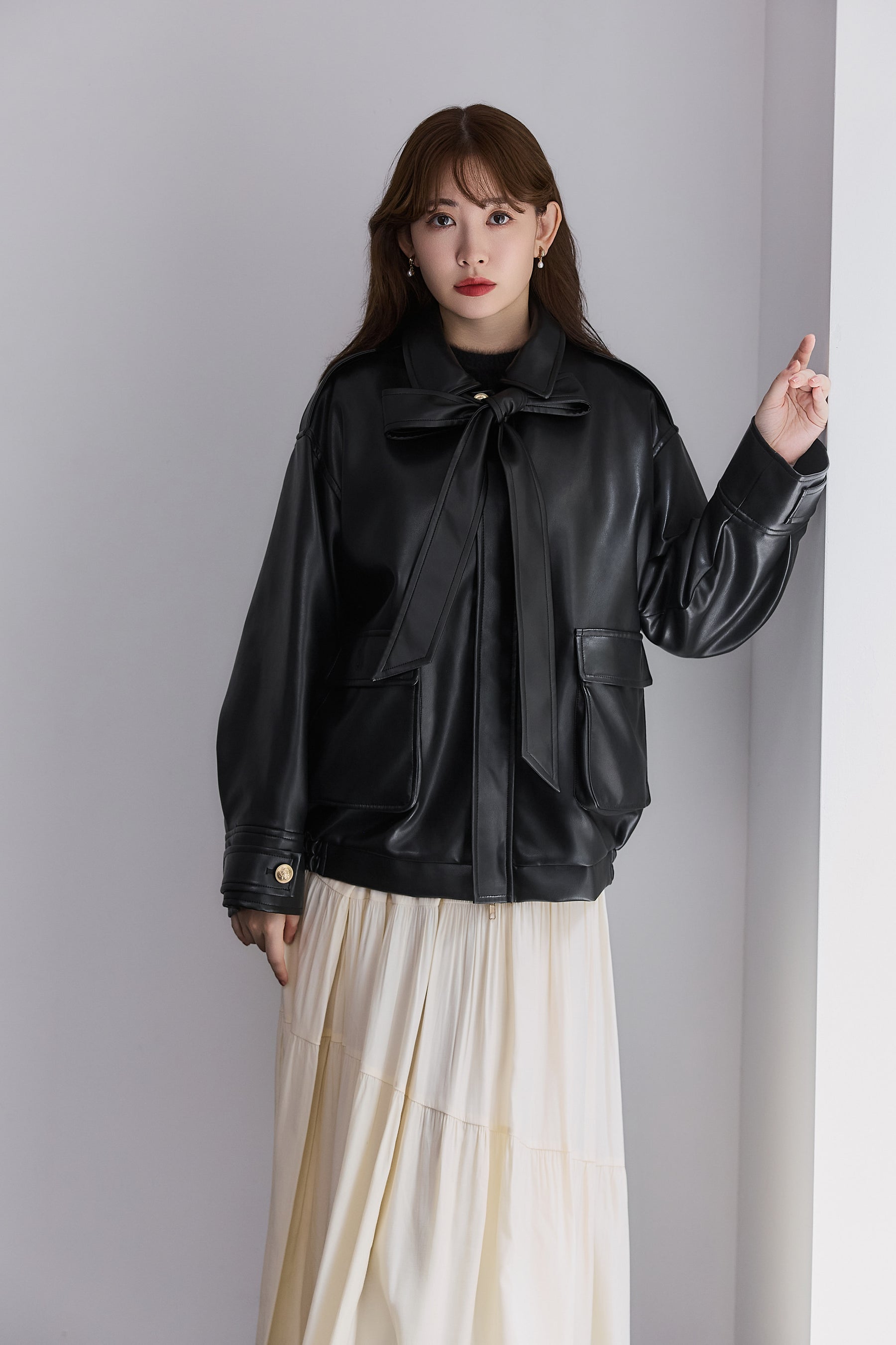 Ribbon-Tie Faux Leather Jacket