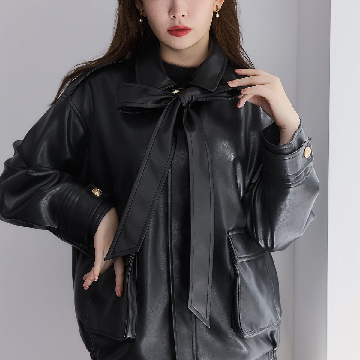 ジャケット・アウター Herlipto 11月下旬発送】Ribbon-Tie Faux Leather Jacket