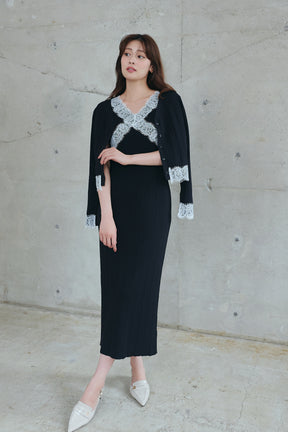 ［Essentia］Lace-Trimmed Knit Dress Set