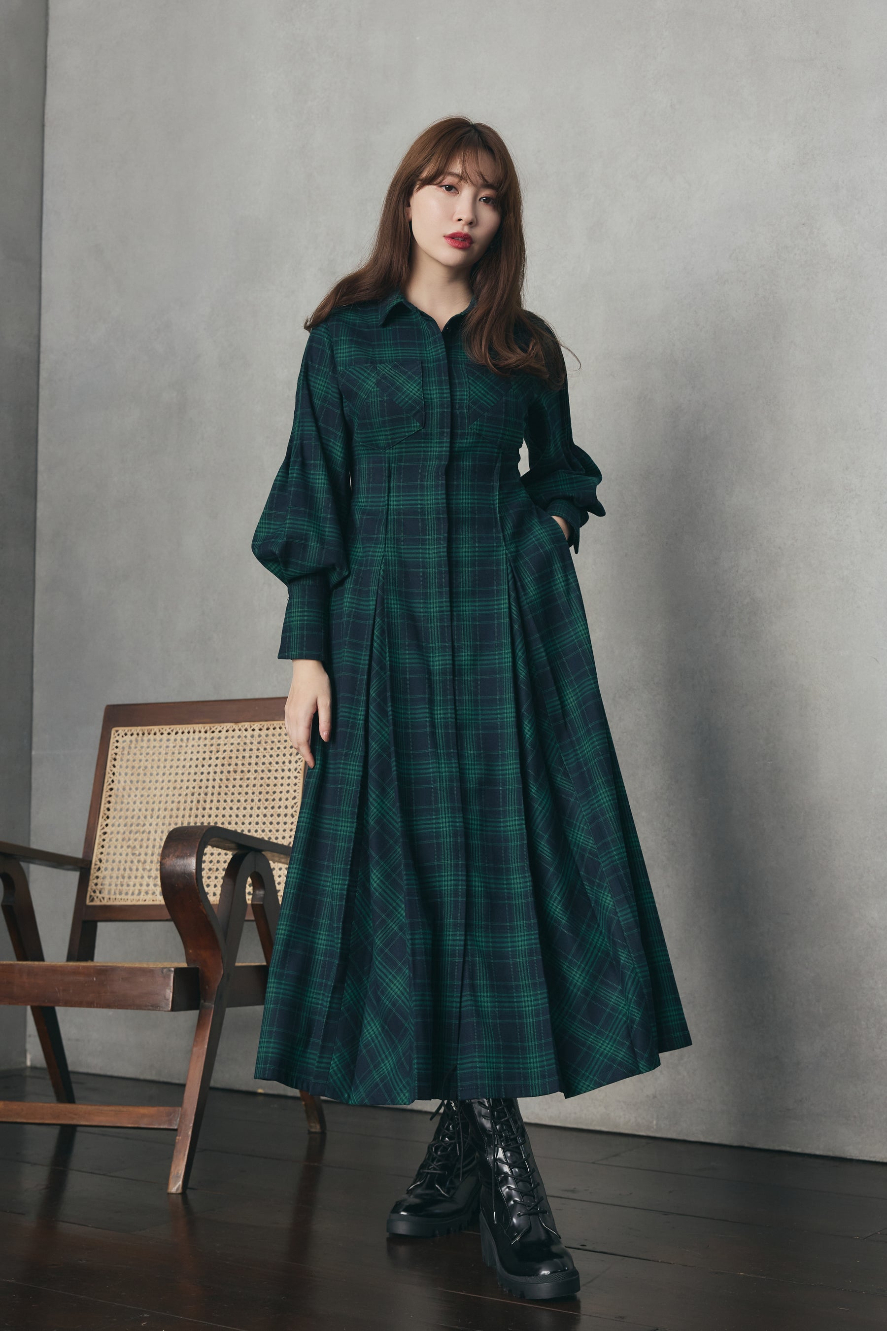 Checkered Pleats Long Shirt Dress