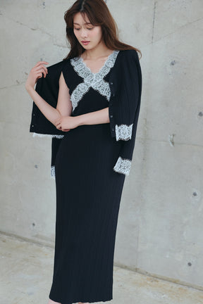 ［Essentia］Lace-Trimmed Knit Dress Set