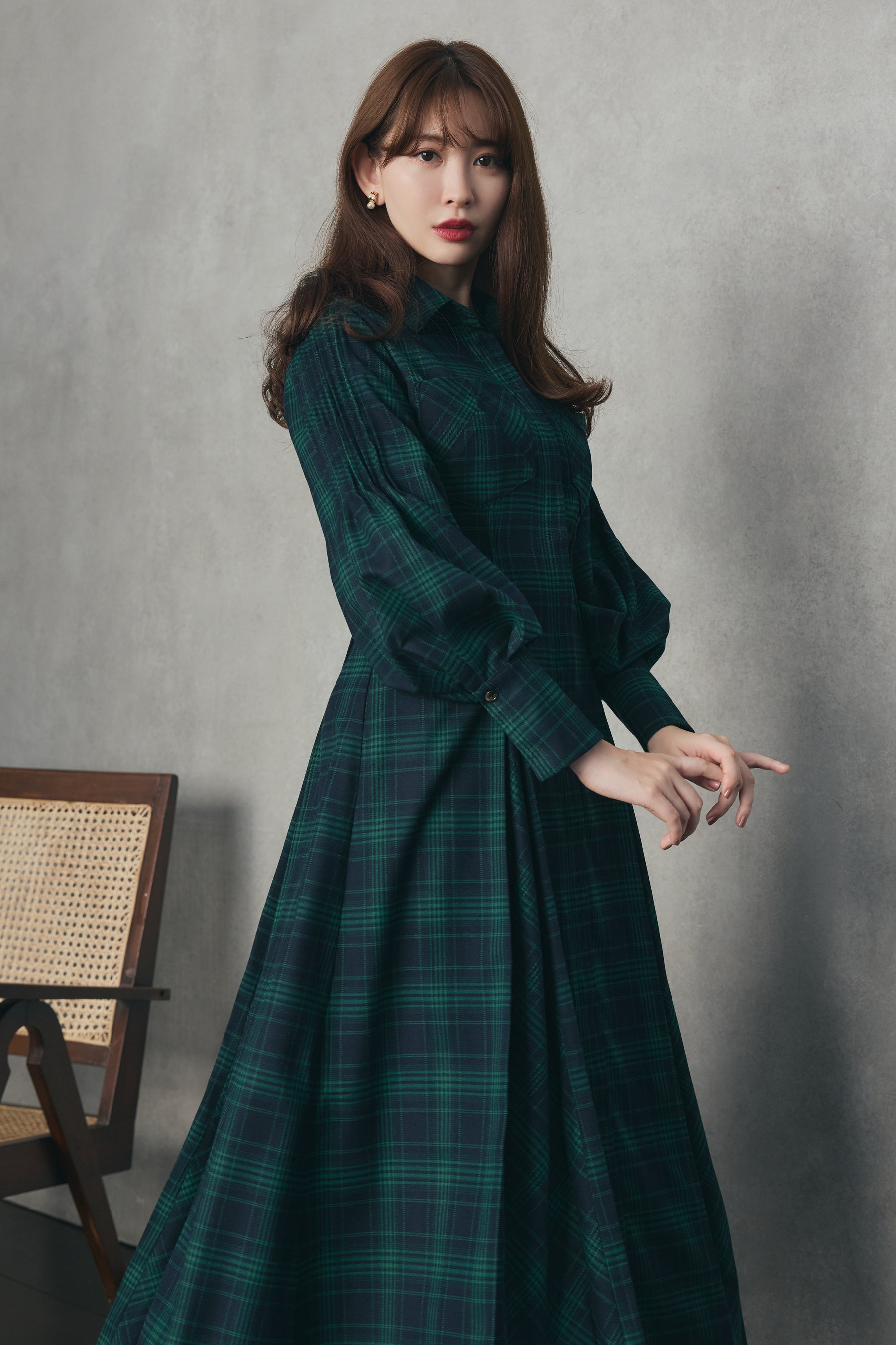 Checkered Pleats Long Shirt Dress