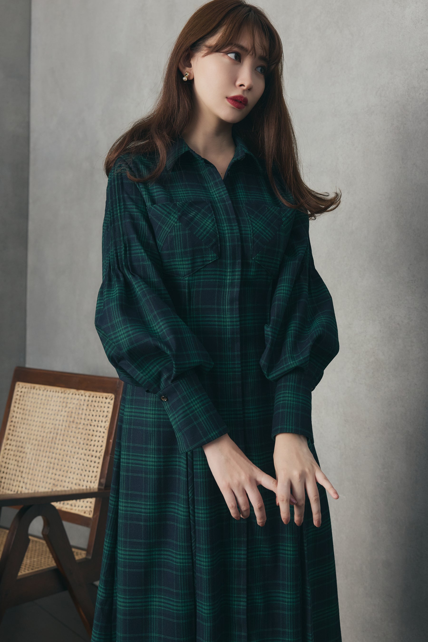 Checkered Pleats Long Shirt Dress