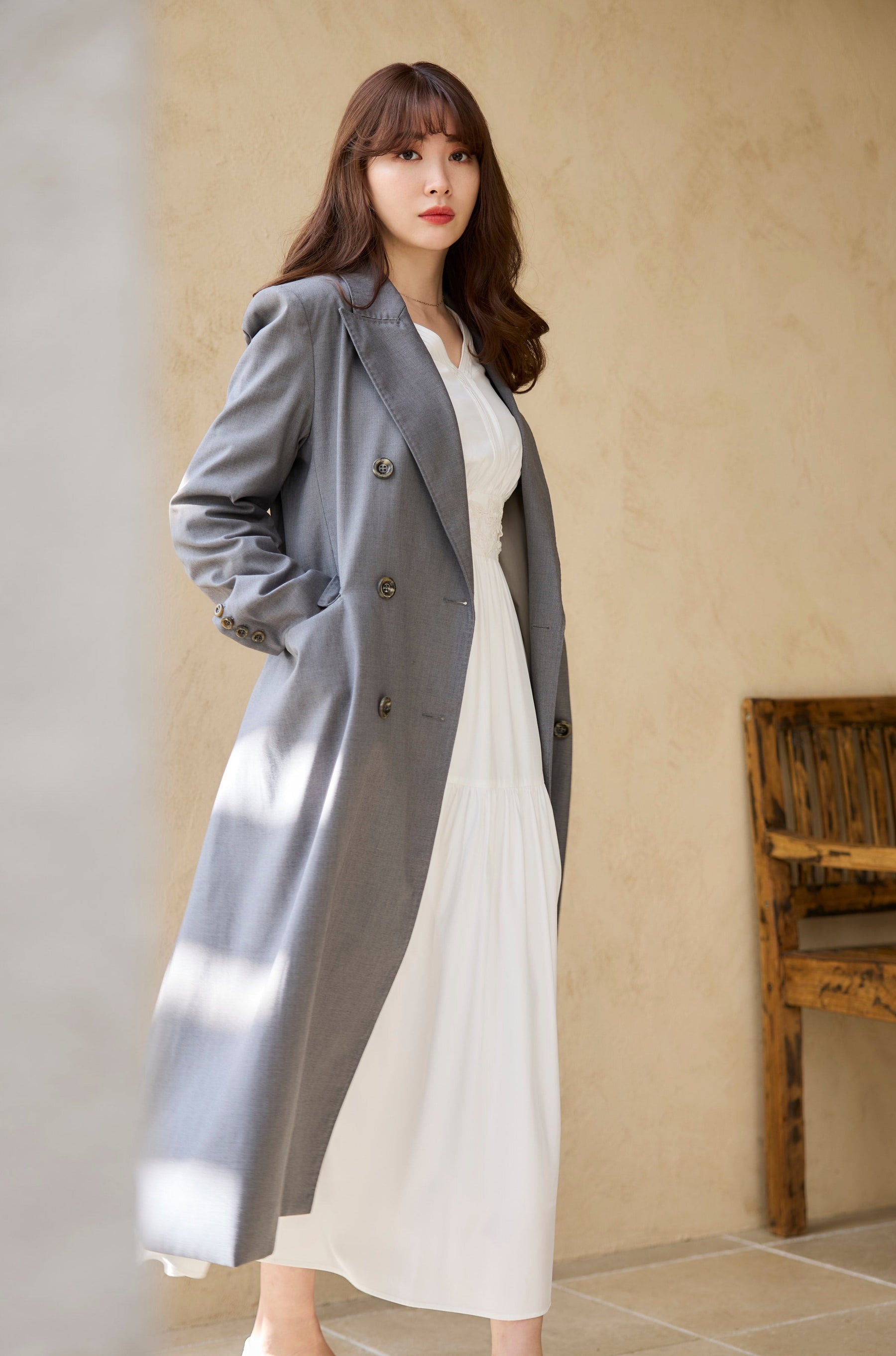 Double Breasted TWILL Long Blazer Fancy Gray / M