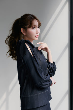 Side-Ribbon Denim Top