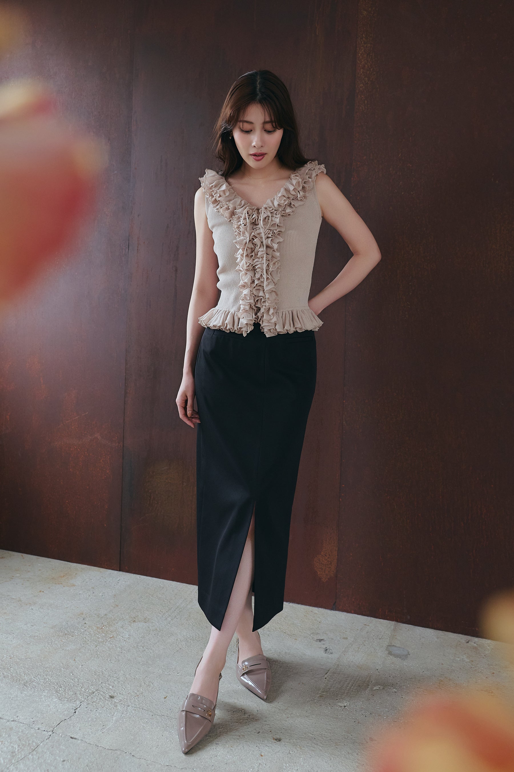 ［Essentia］Layered Ruffle Knit Top