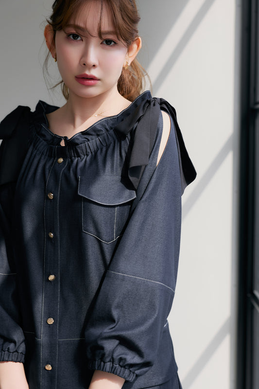 Side-Ribbon Denim Top