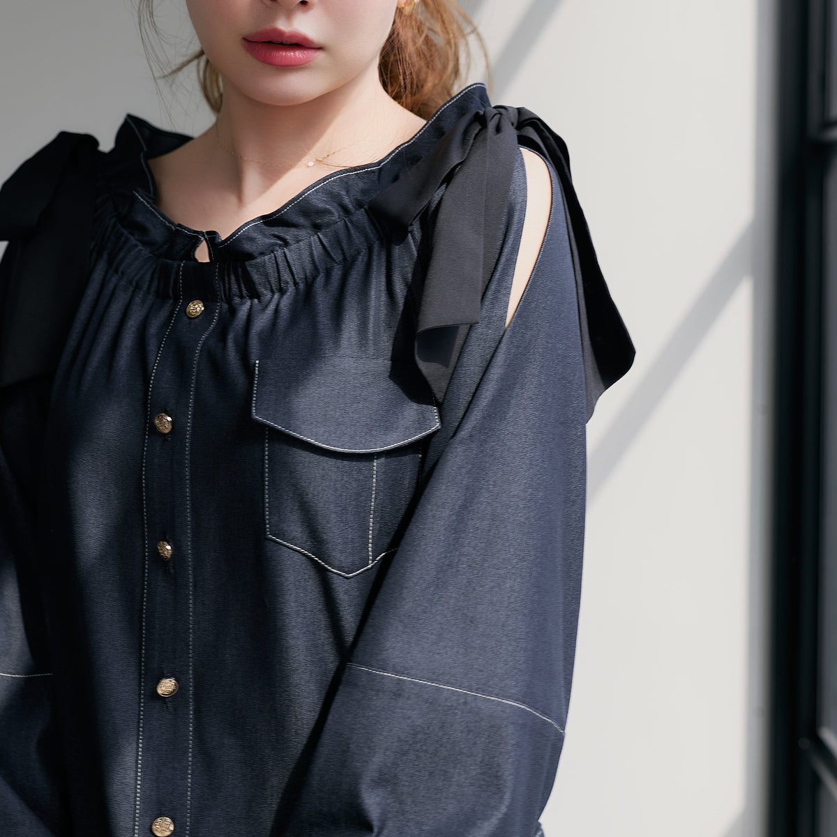 Side-Ribbon Denim Top