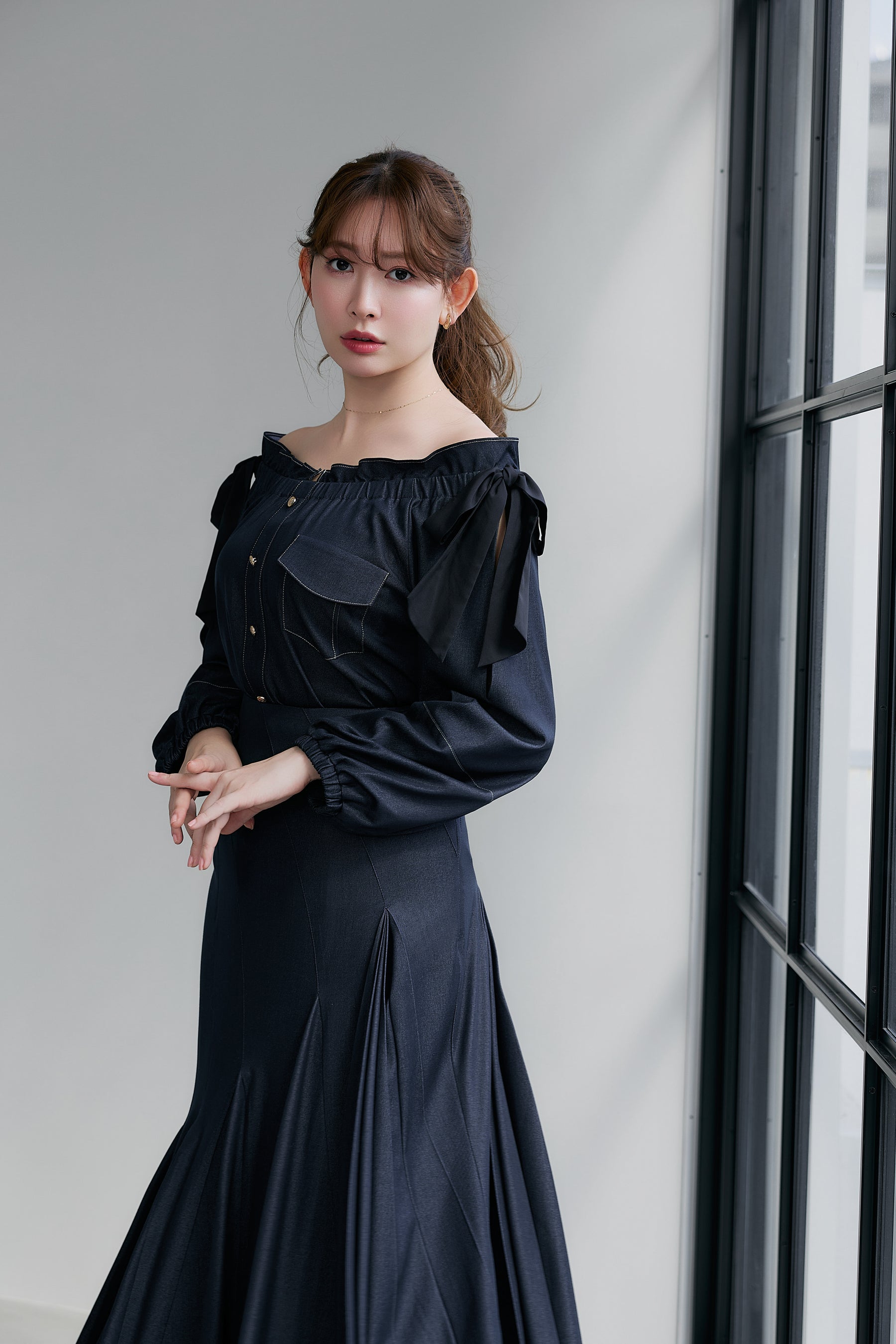 Side-Ribbon Denim Top