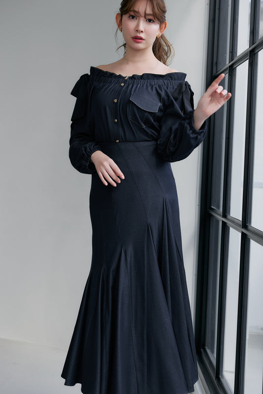 Paneled Denim Flared Skirt