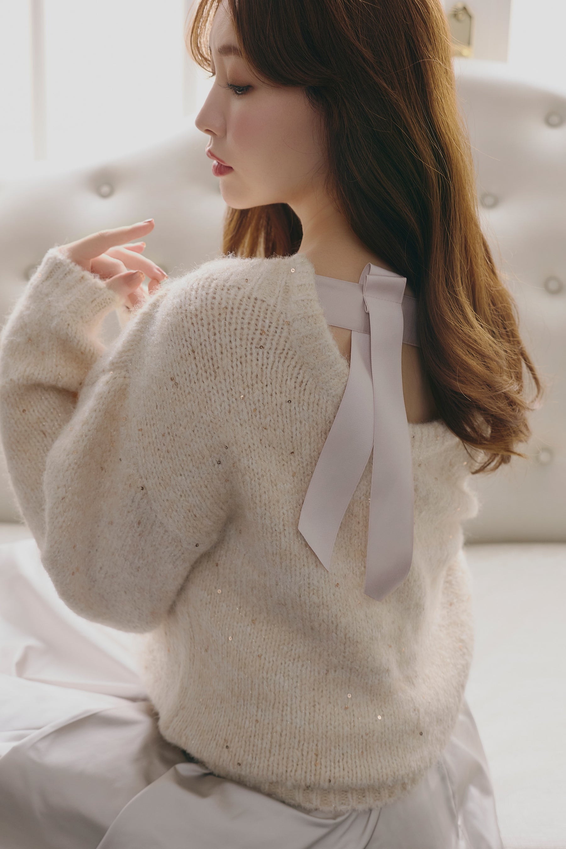 Back-Ribbon Twinkle Knit Top