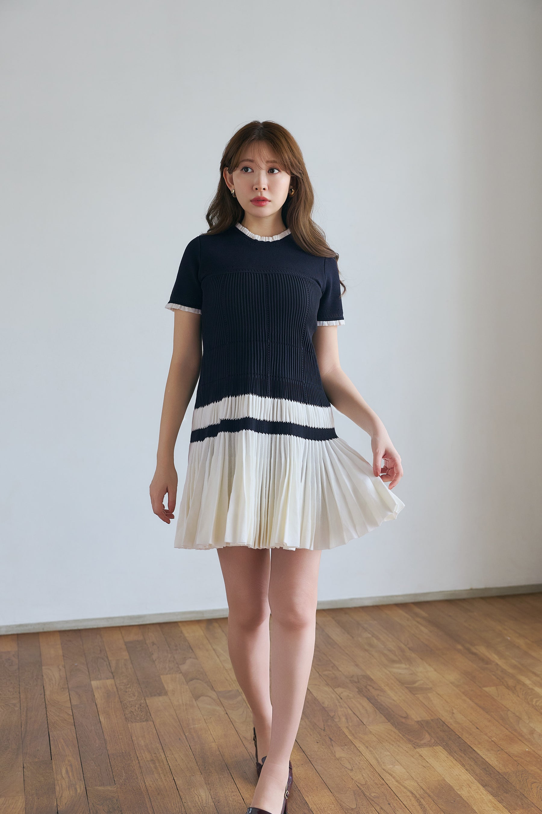 Pleated Eyelet Knit Dress