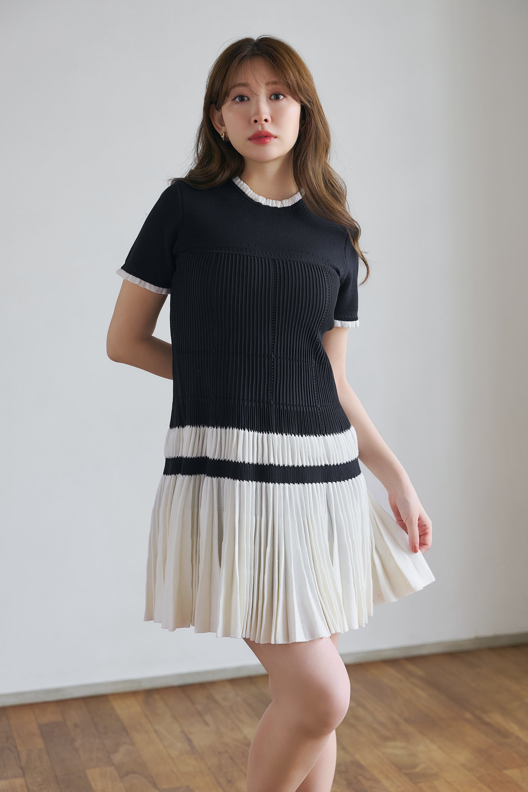 Pleated Eyelet Knit Dress