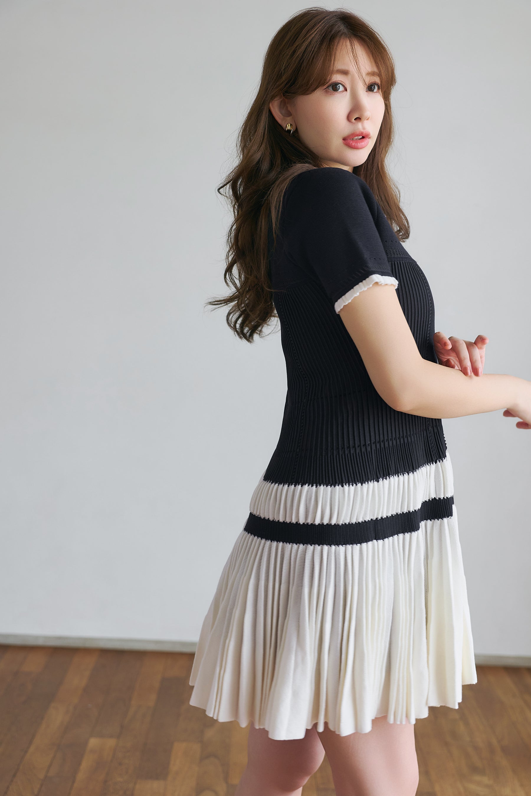 Pleated Eyelet Knit Dress