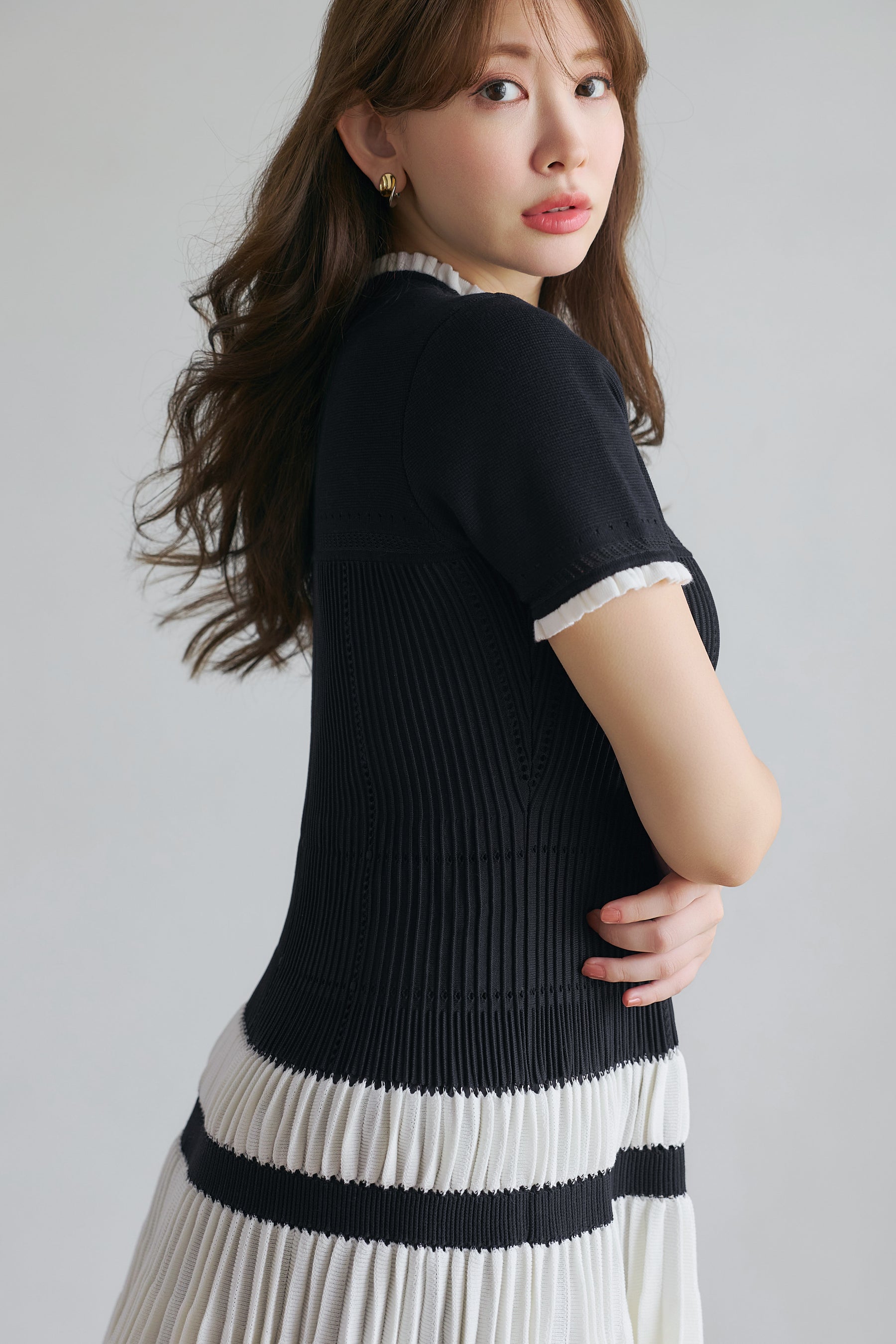 Pleated Eyelet Knit Dress