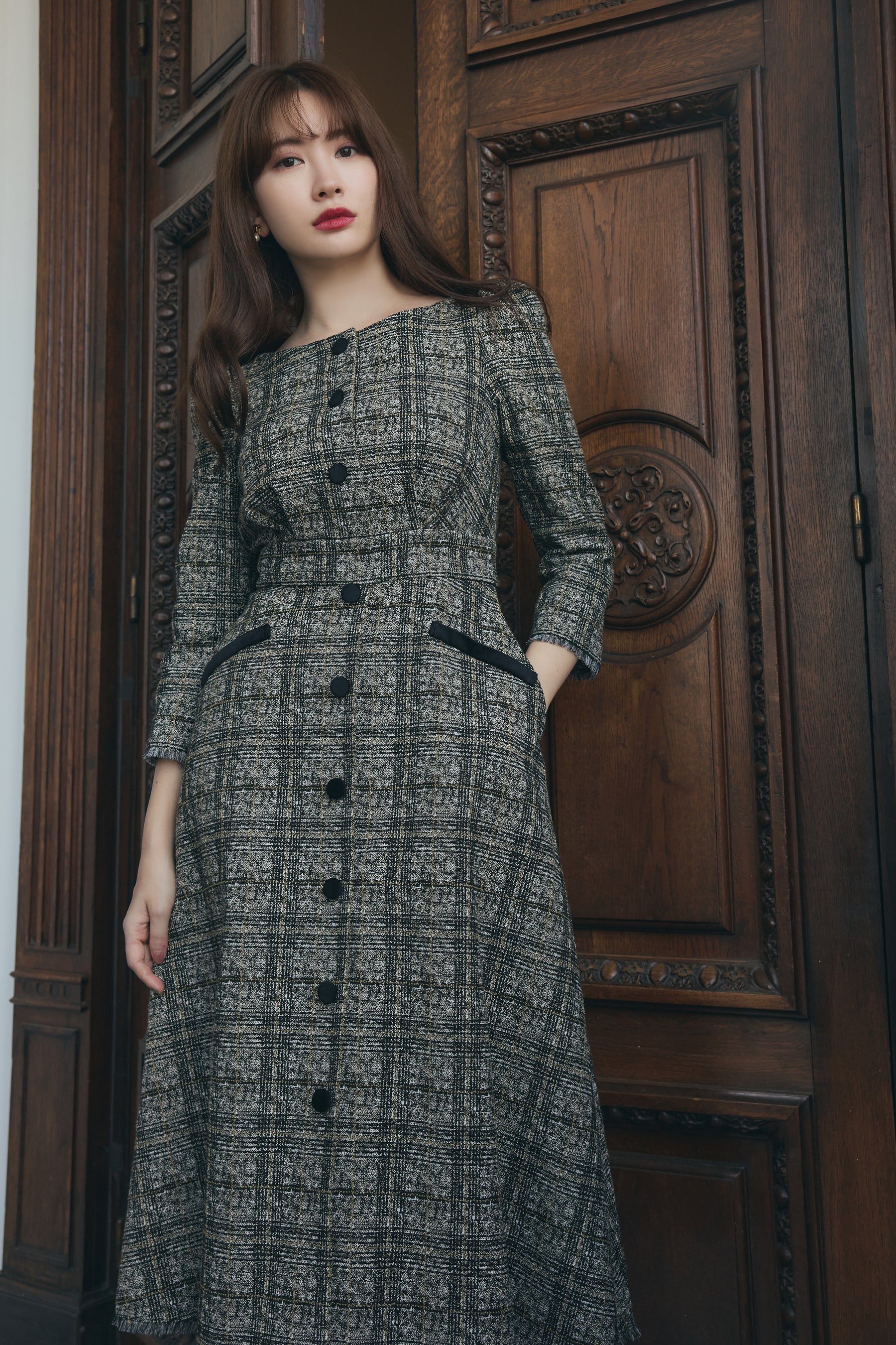 紙タグ付】Classic Tweed Midi Dress Sサイズ-