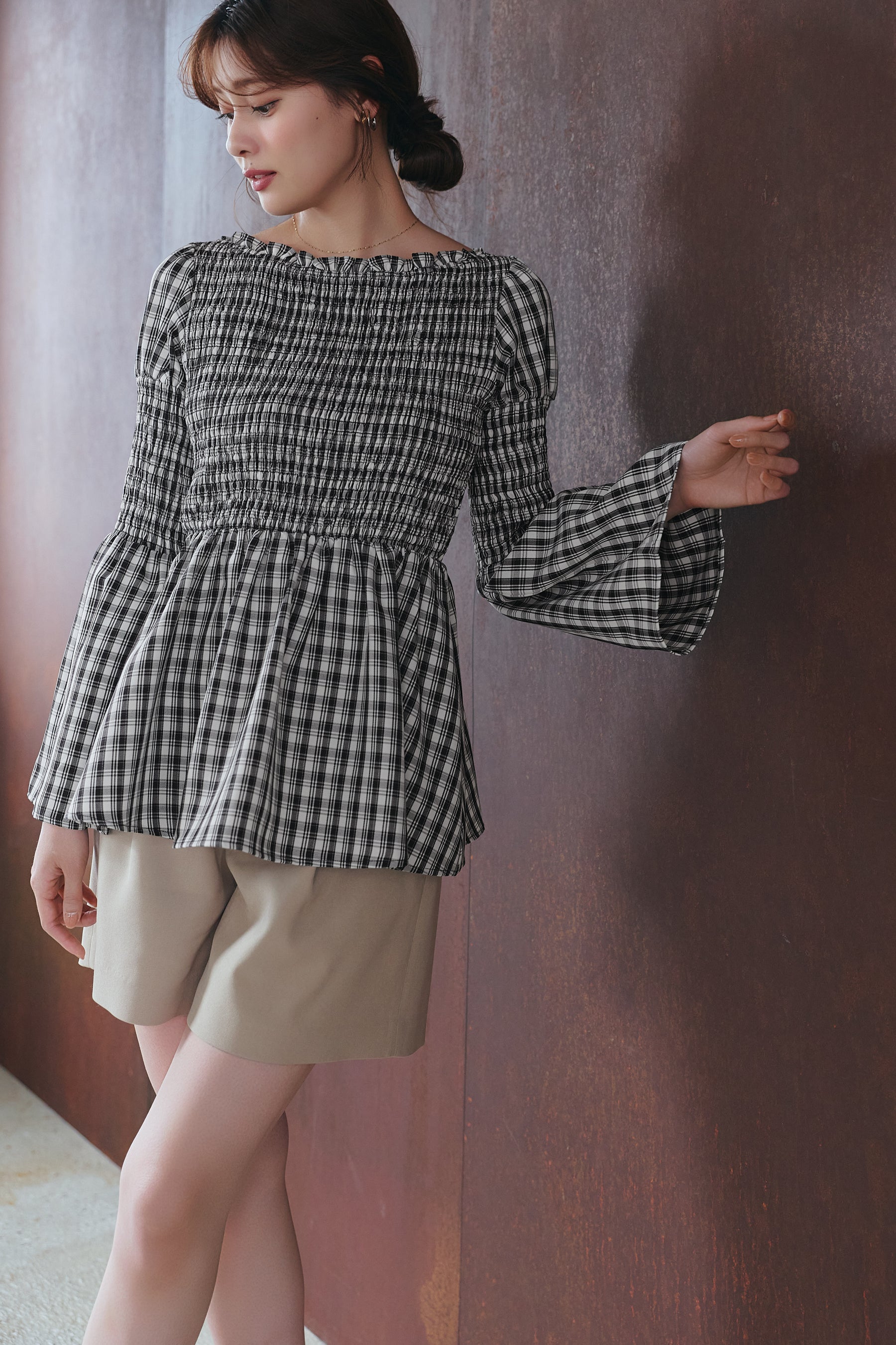 ［Essentia］【新色】Checked Flared Peplum Top