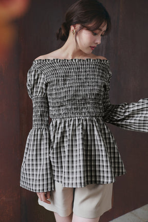 ［Essentia］【新色】Checked Flared Peplum Top