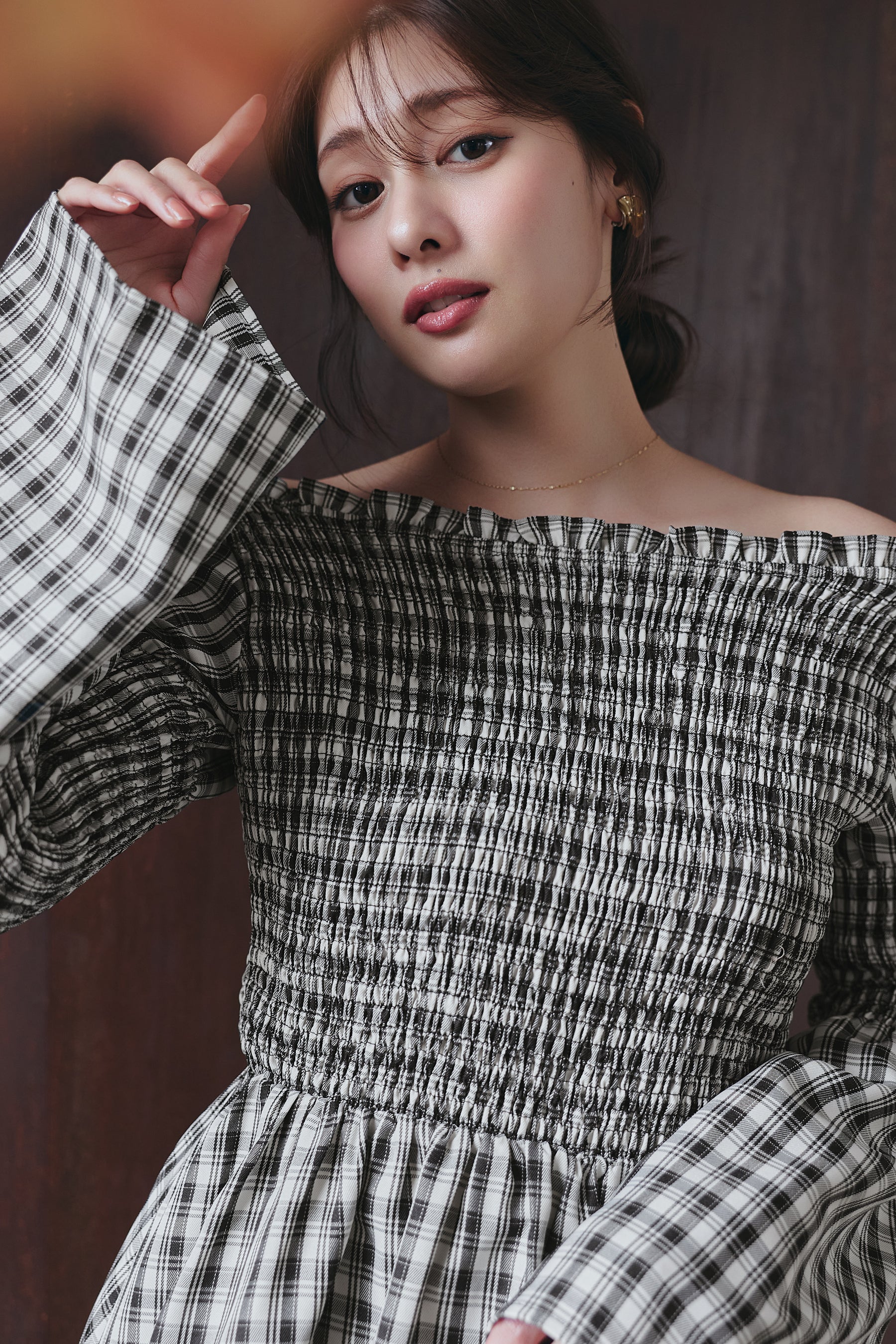 ［Essentia］【新色】Checked Flared Peplum Top