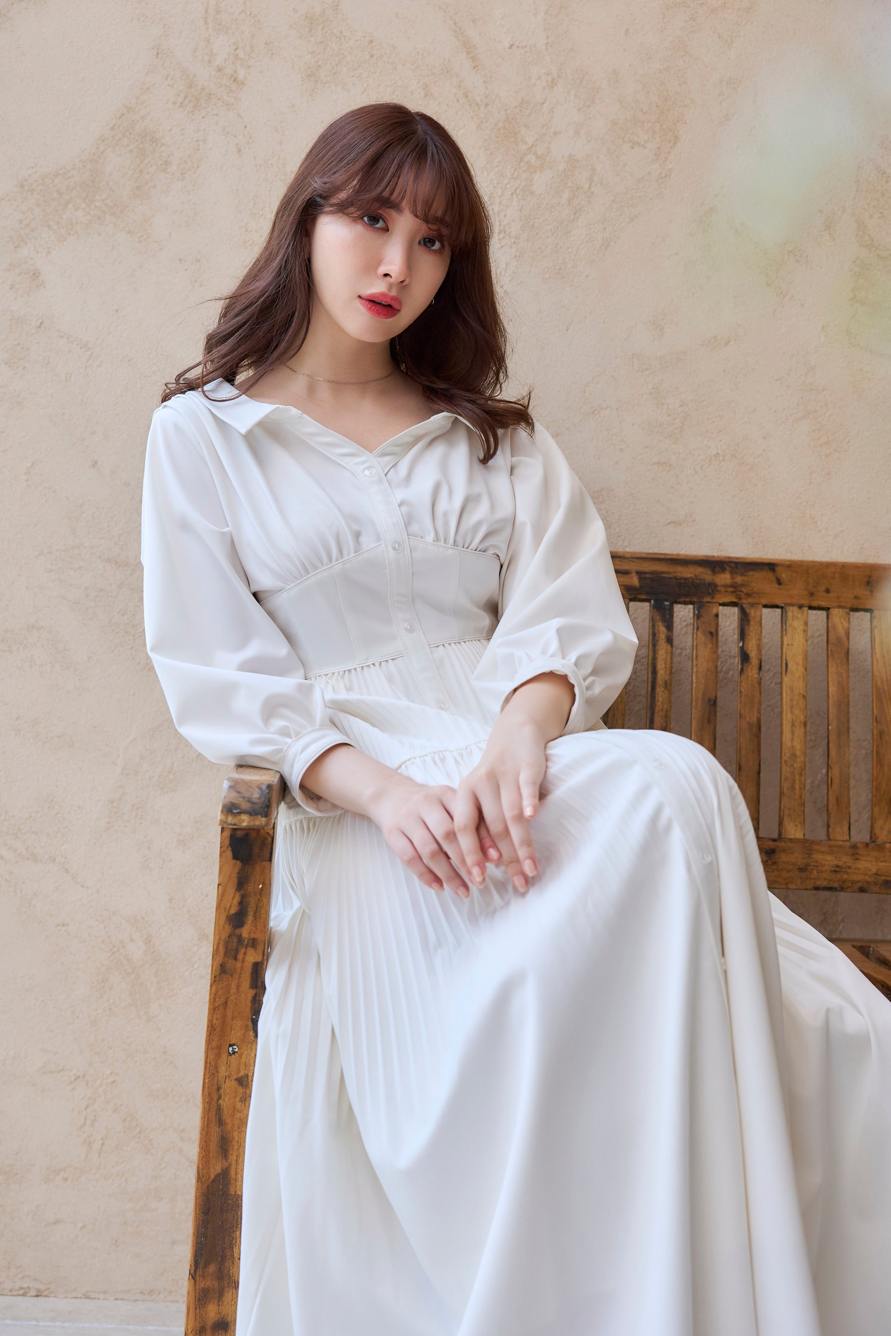 [Shipped in late April] [white petale] Pleated Open Shirt Dress