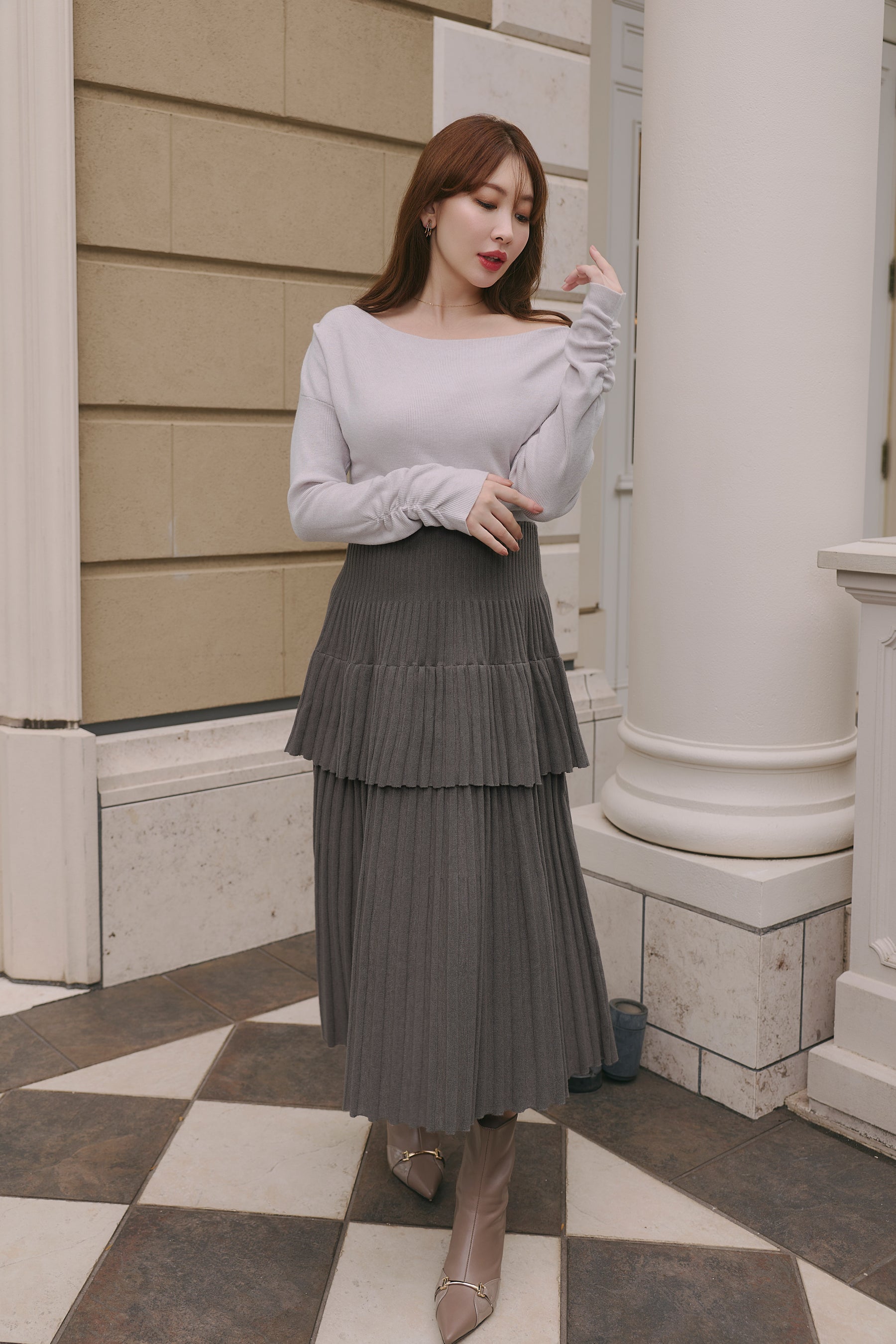 Soft Pleated Tiered Knit Dress