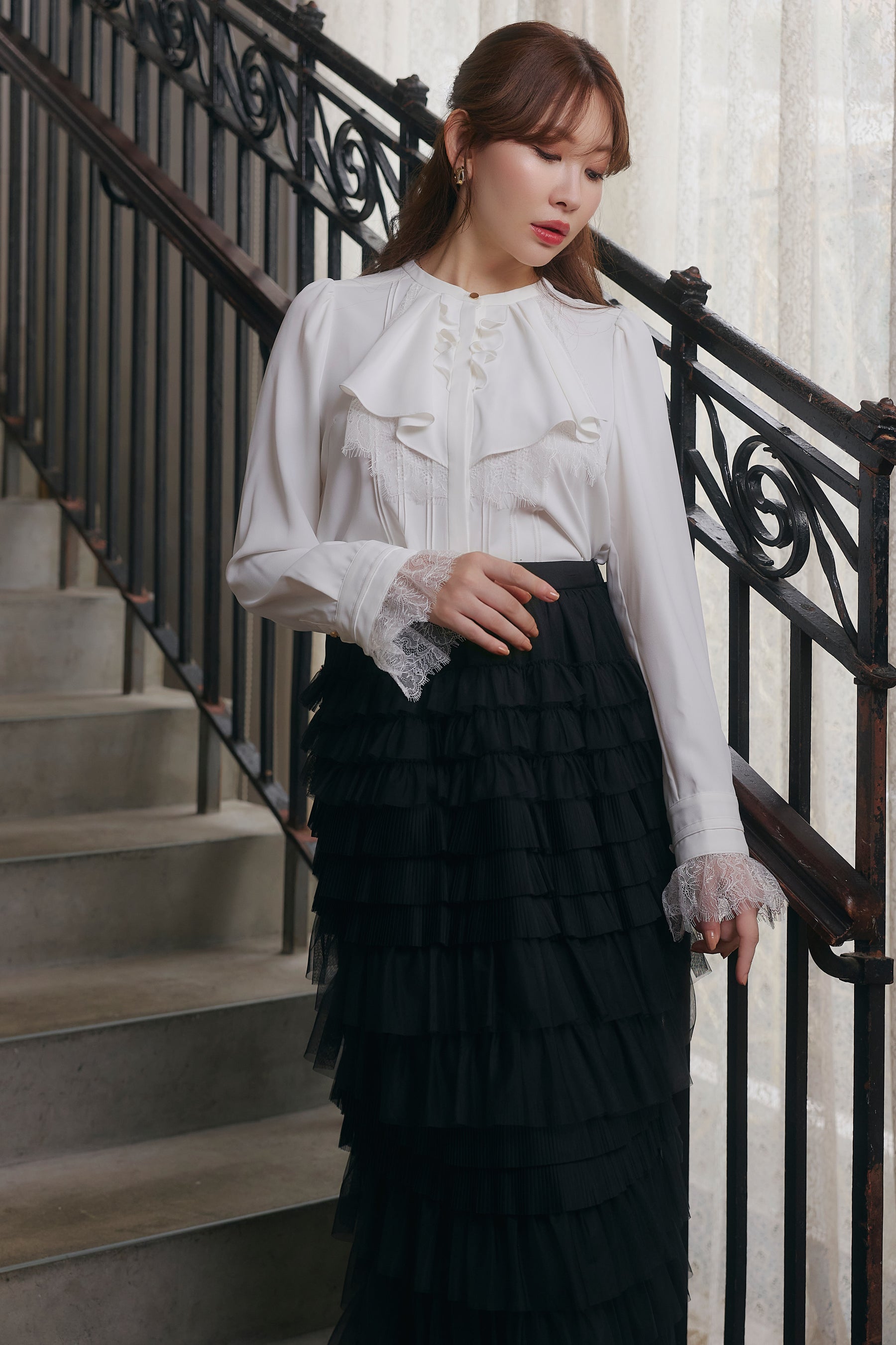 Ruffled Collar Pintuck Blouse