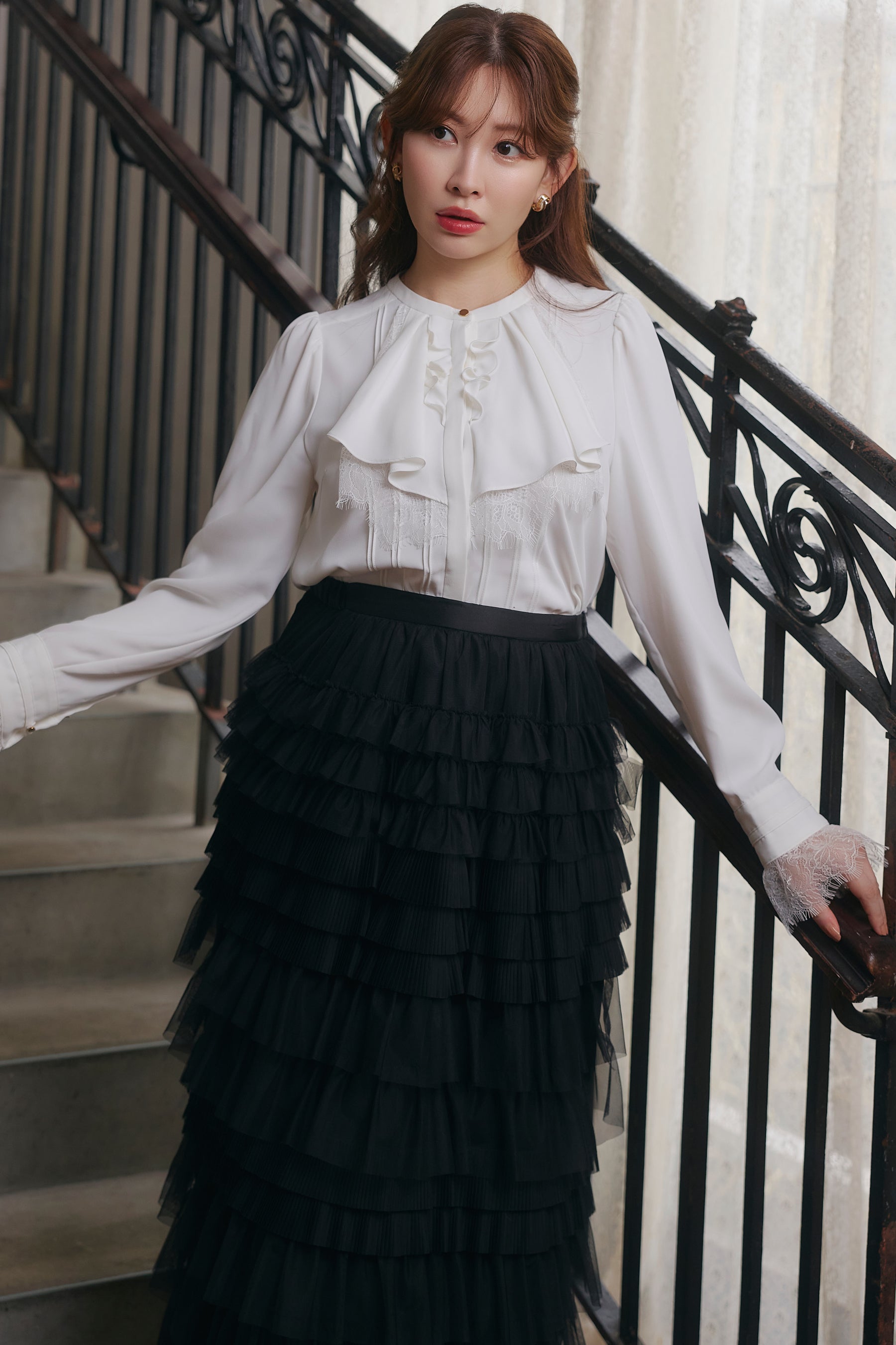 Ruffled Collar Pintuck Blouse