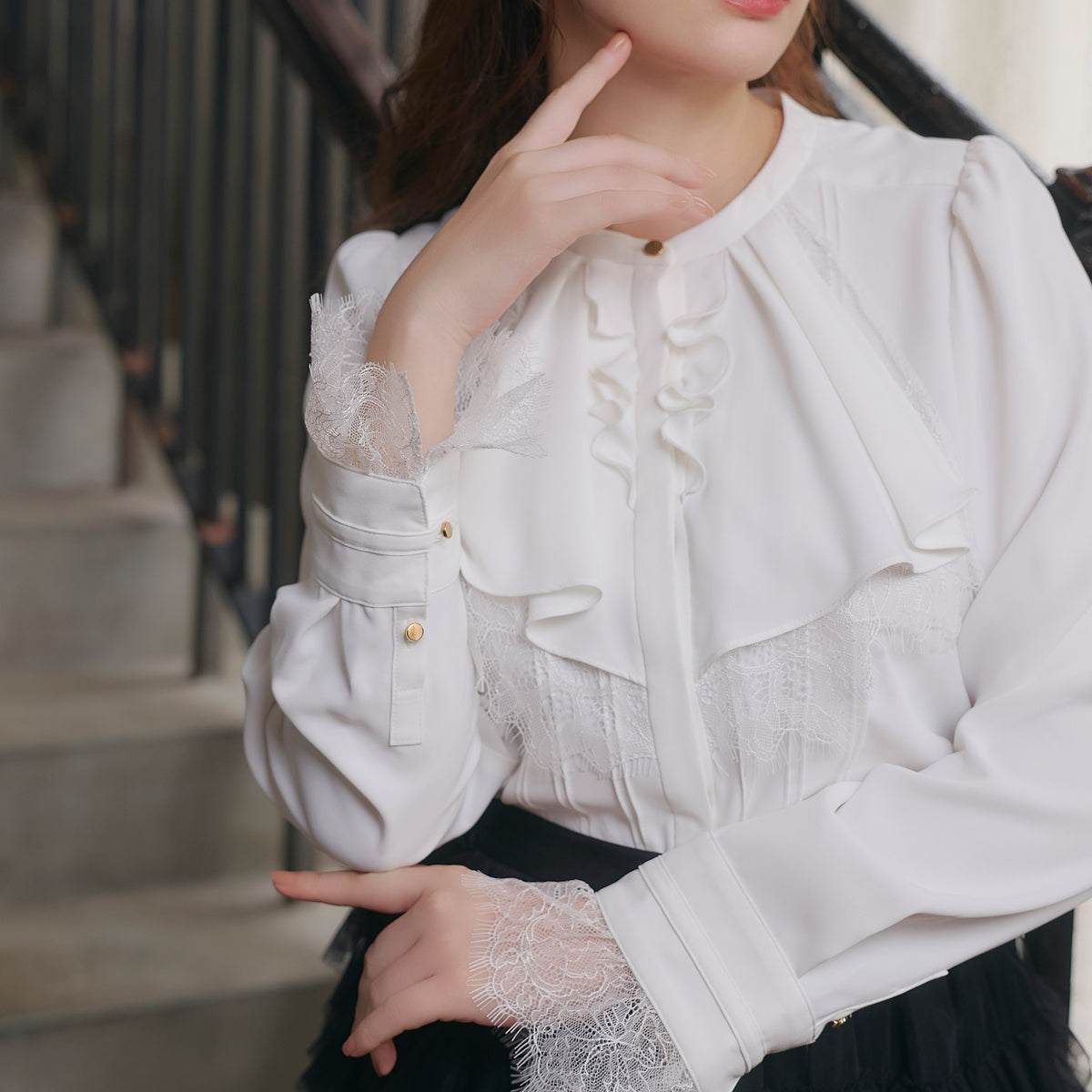 Ruffled Collar Pintuck Blouse