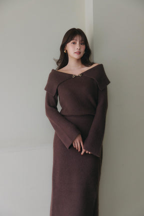 ［Essentia］Off-the-Shoulder Bit Knit Dress