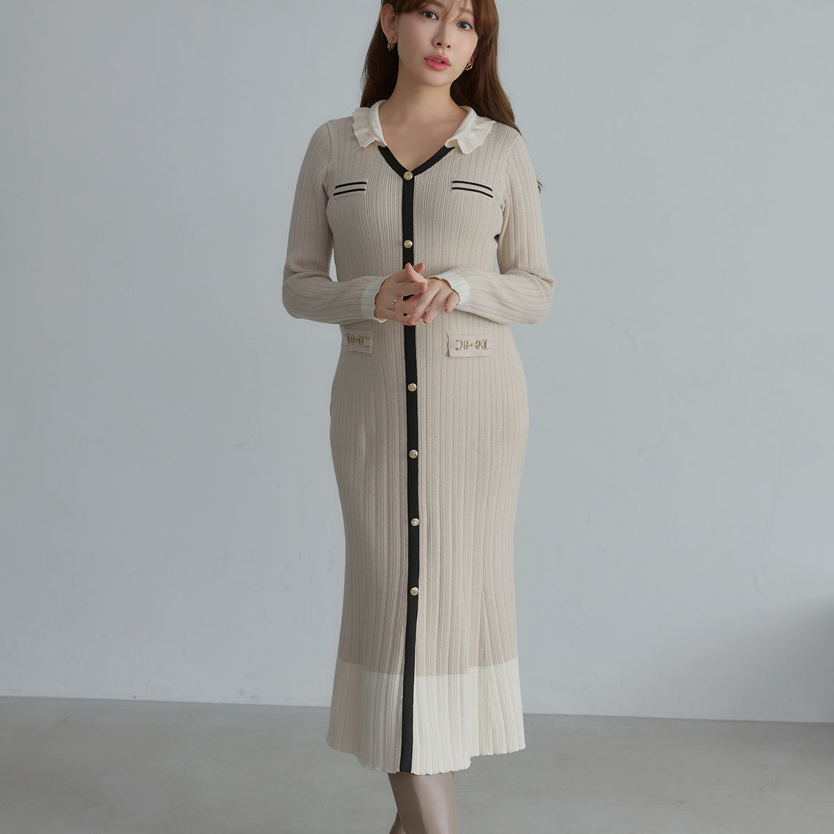 Ruffle-Collar Knit Mermaid Dress
