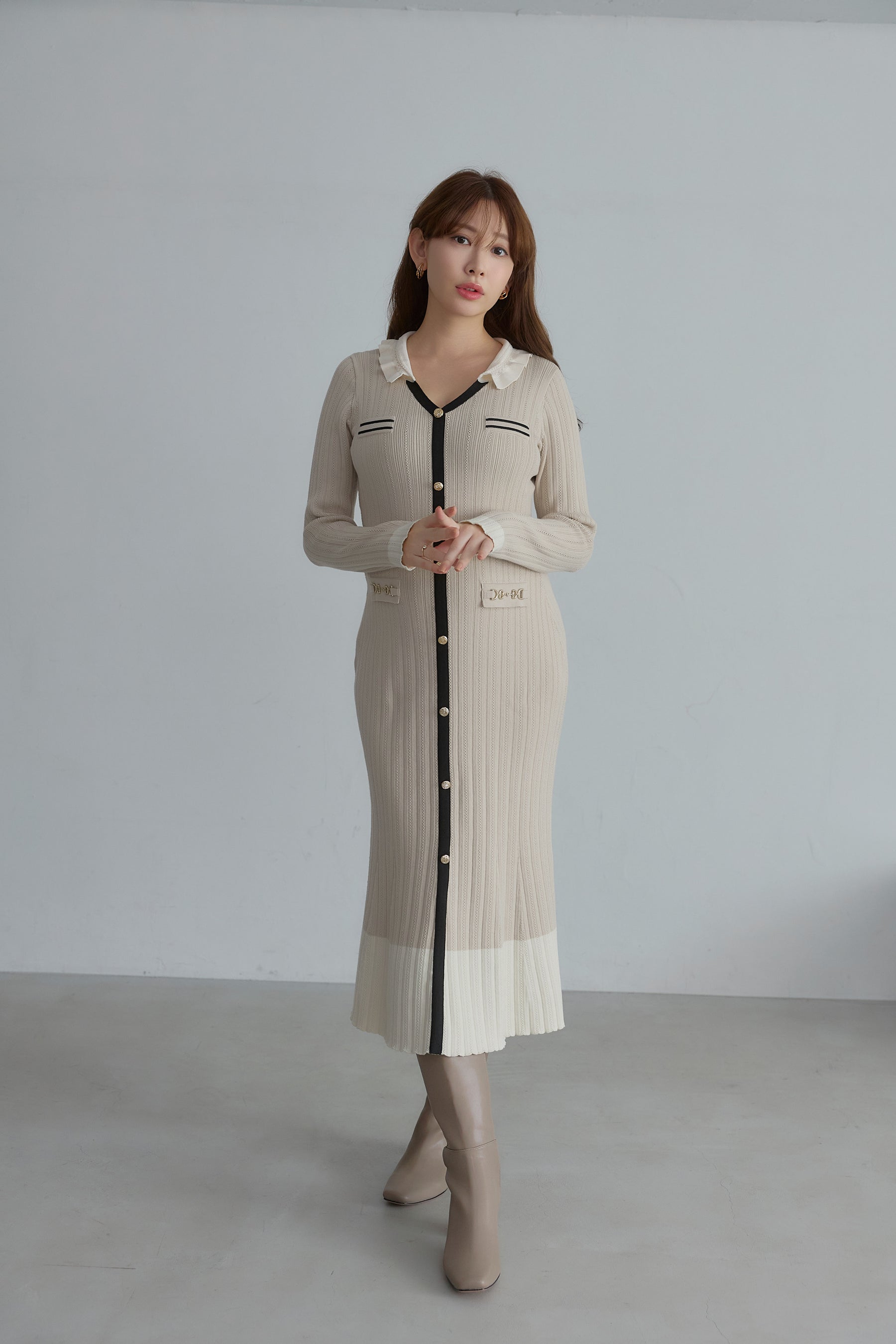 Ruffle-Collar Knit Mermaid Dress