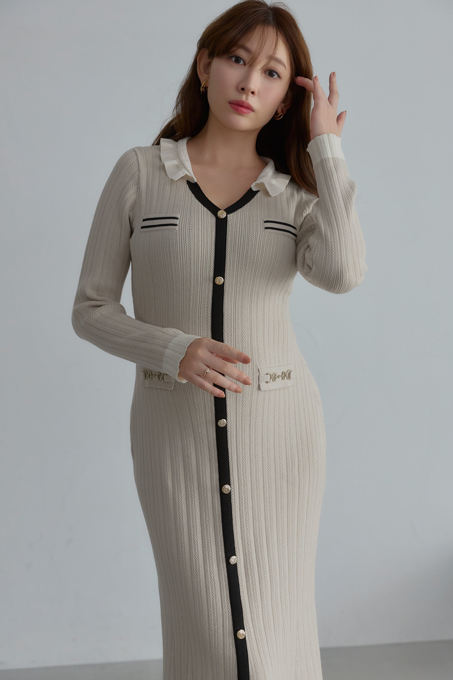 Ruffle-Collar Knit Mermaid Dress