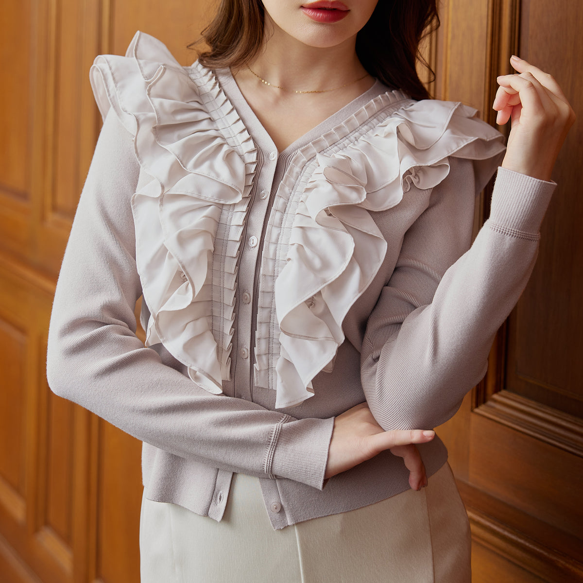 2月下旬発送】【nude rose / black】Ruffle Pleated Knit Cardigan