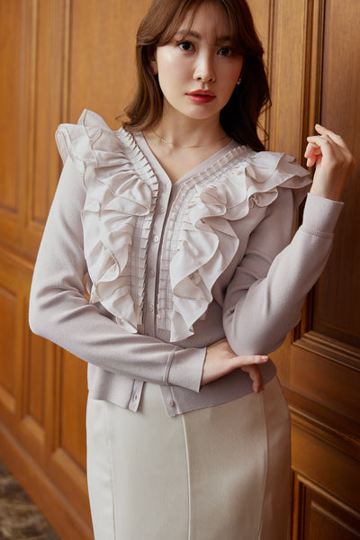 11月中旬発送】【nude rose】Ruffle Pleated Knit Cardigan