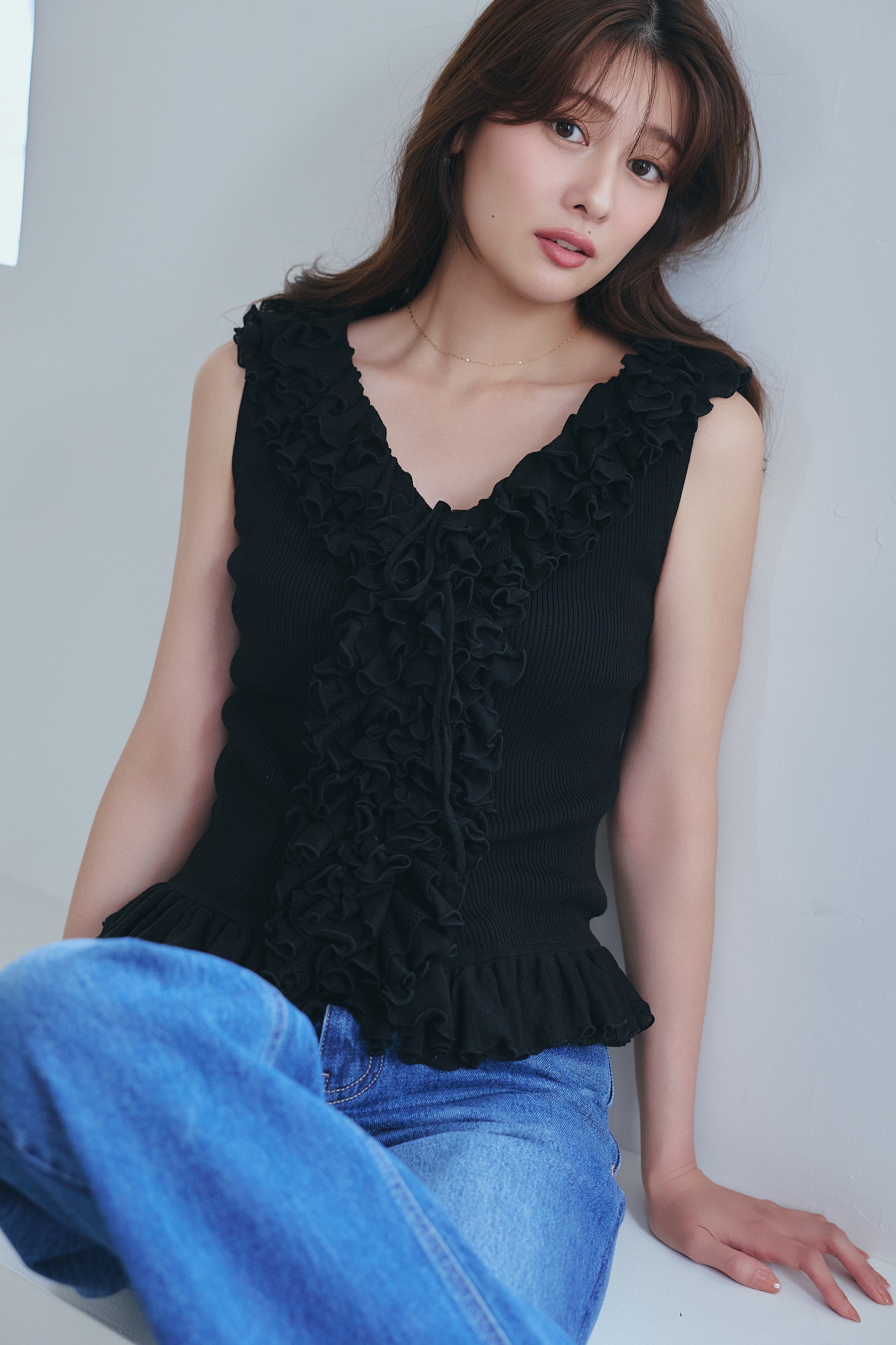 ［Essentia］Layered Ruffle Knit Top