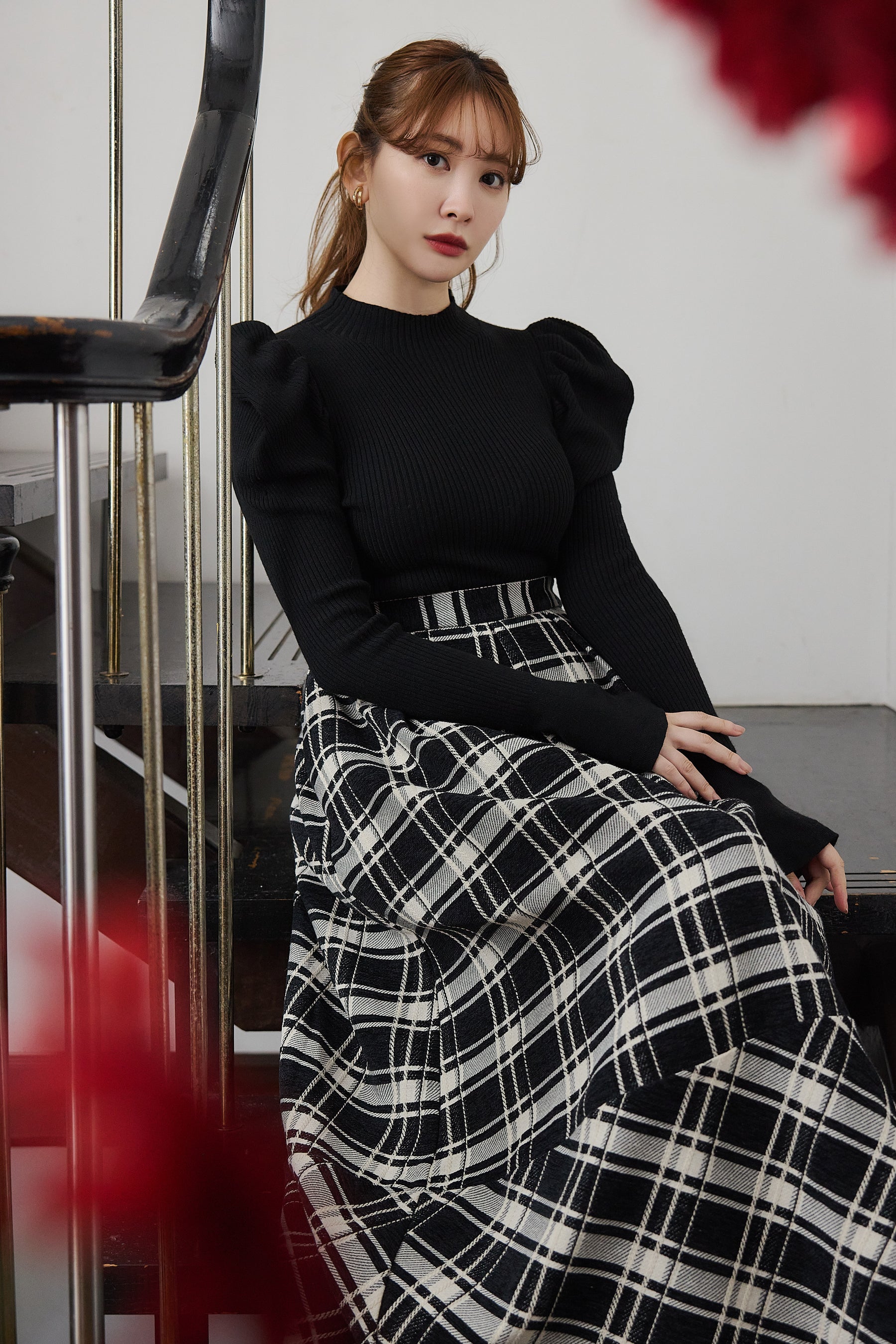 Windowpane Checked Volume Skirt