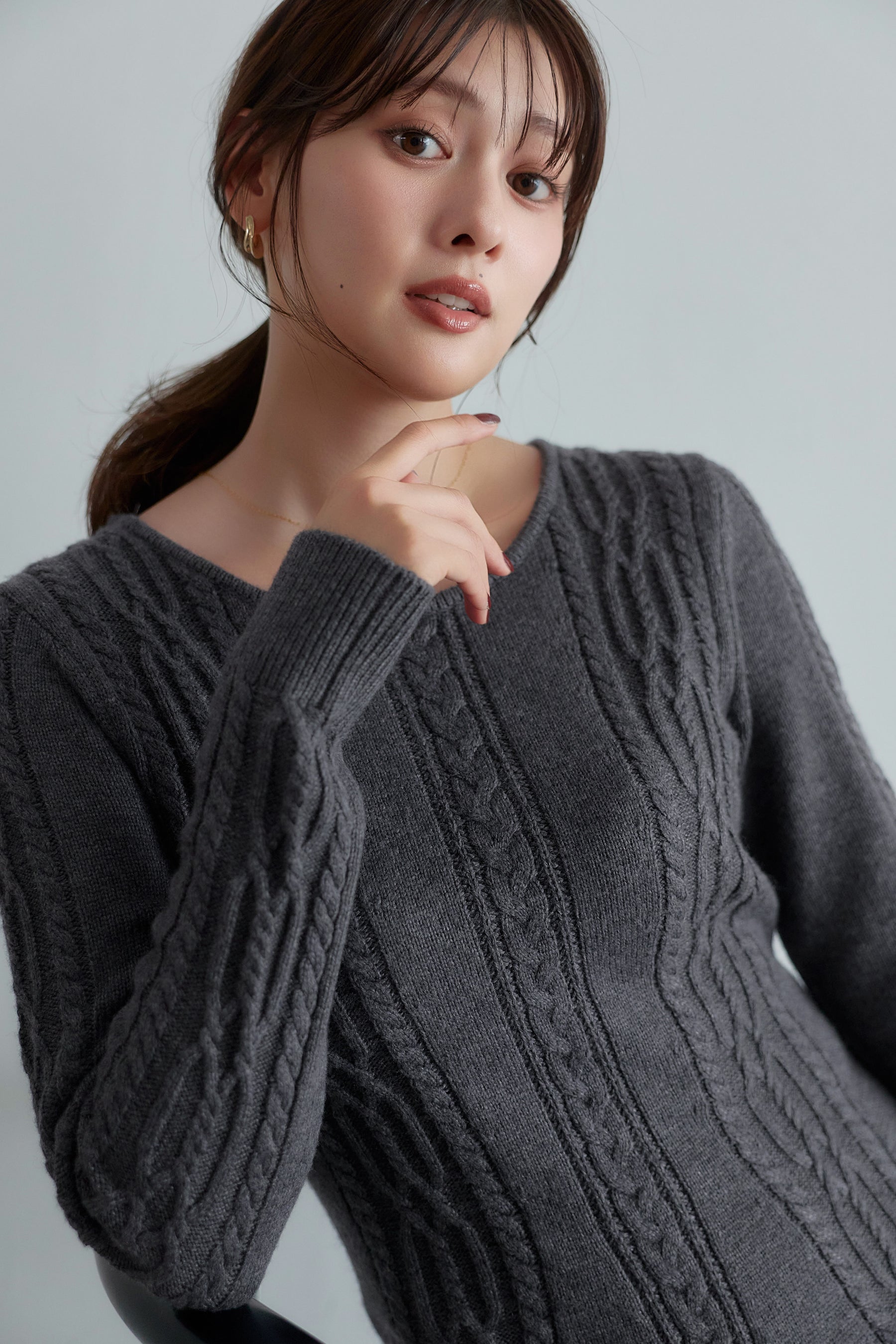 ［Essentia］Cable-Knit Flared Dress
