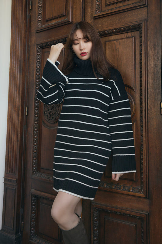 Striped Turtleneck Mini Knit Dress