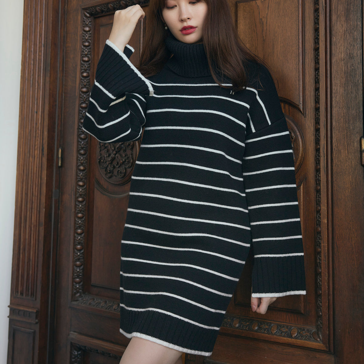 Striped Turtleneck Mini Knit Dress
