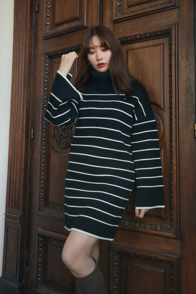 Striped Turtleneck Mini Knit Dress