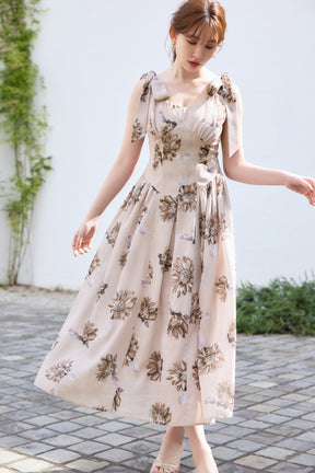 [New color] Sunflower-Printed Midi Dress