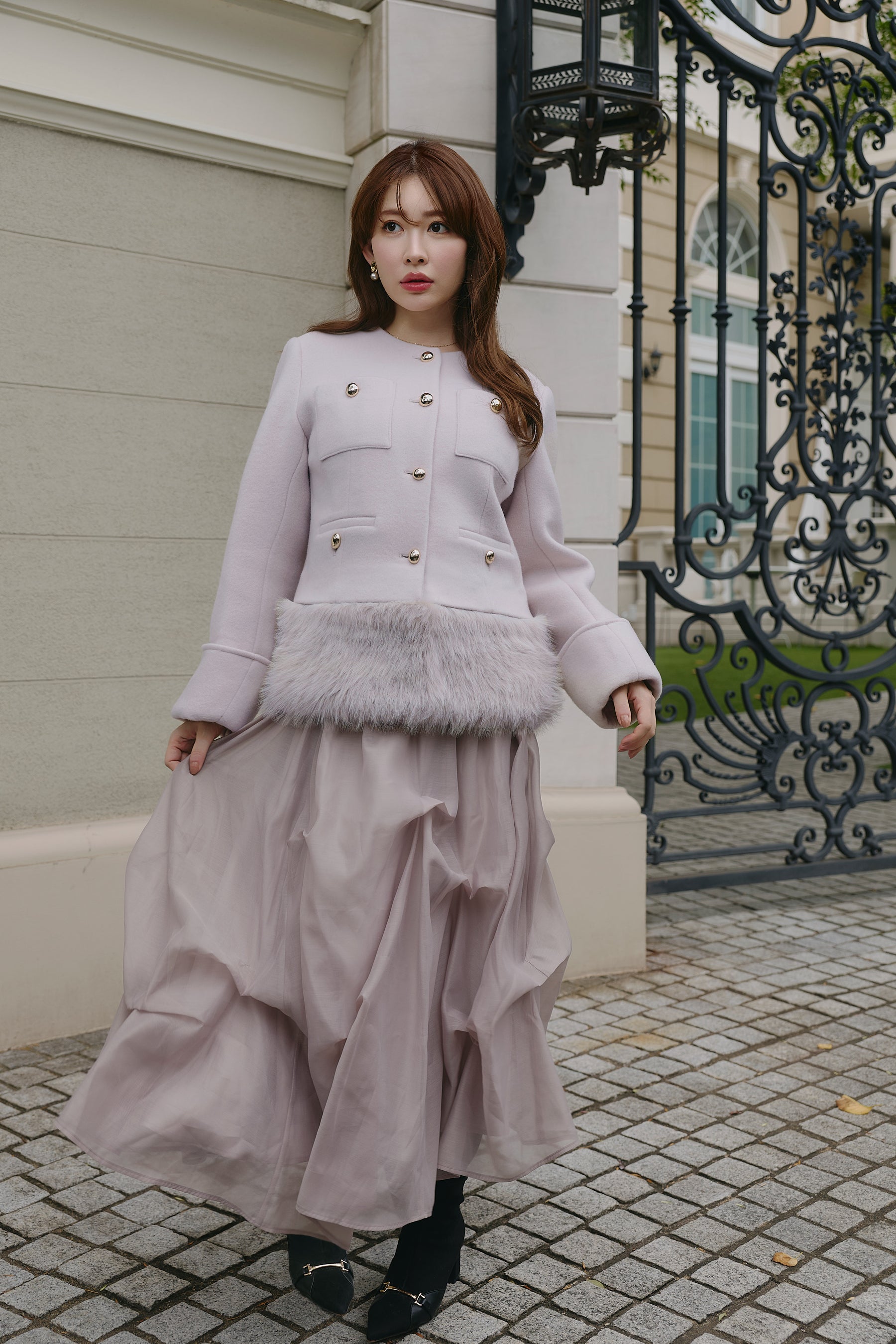 【10月中旬発送】Joana Faux Fur-Hem Wool Coat