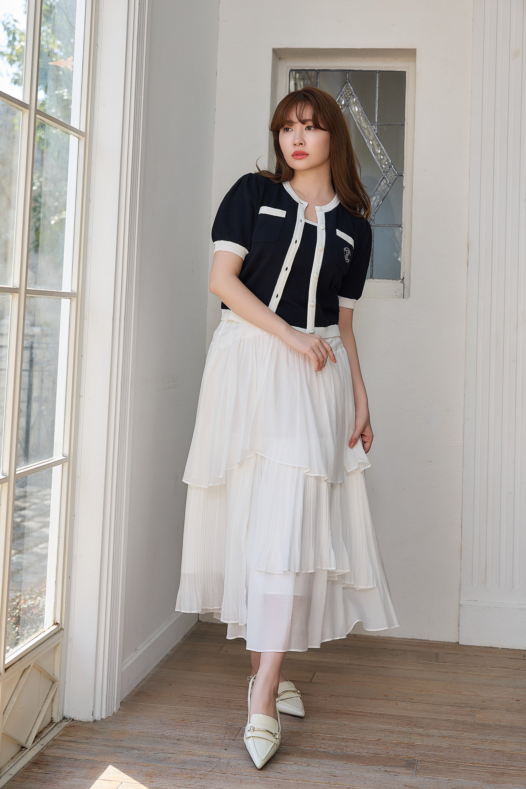 Sheer Pleated Tiered Skirt