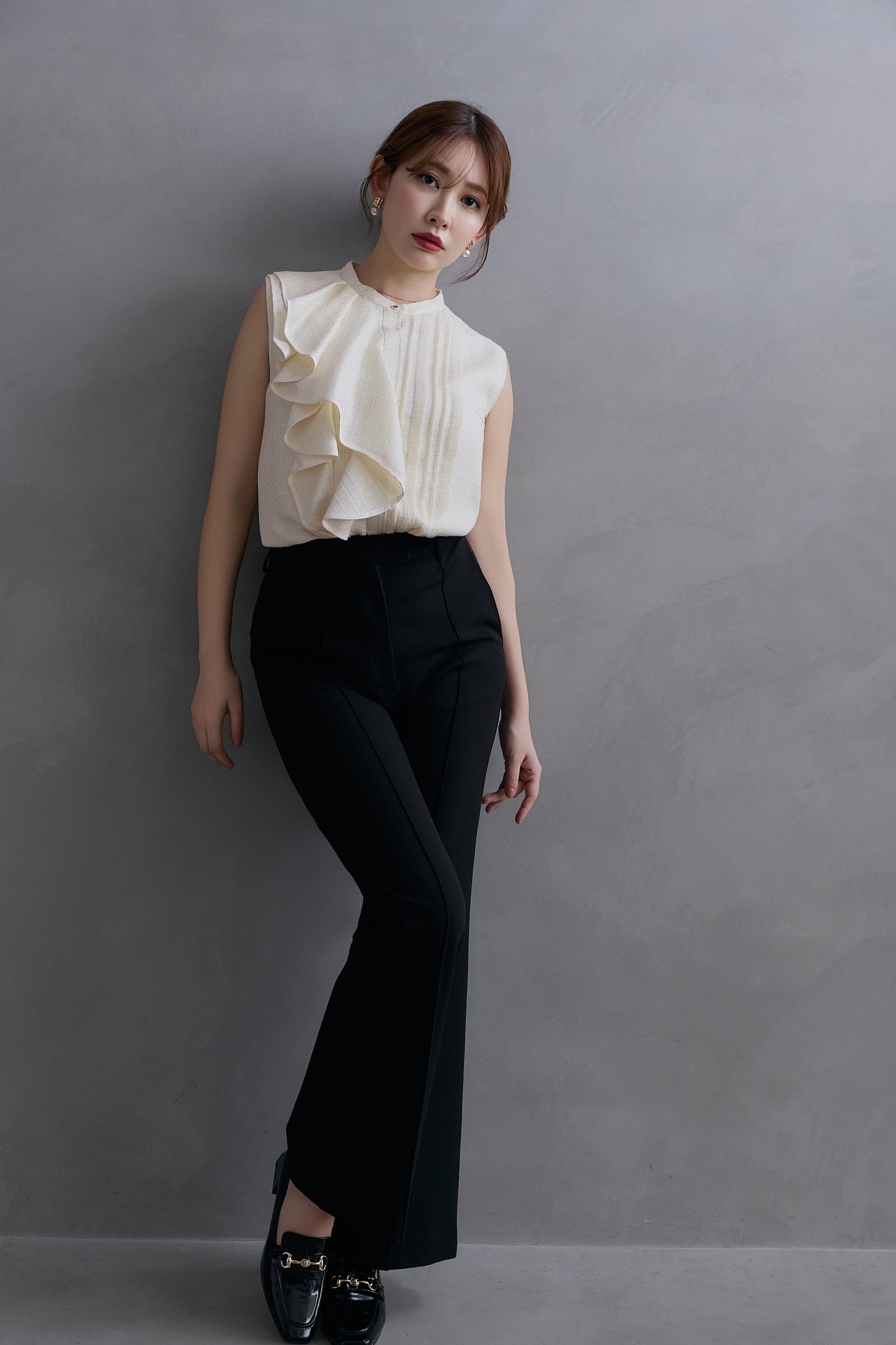 Asymmetric Tweed Frill Top