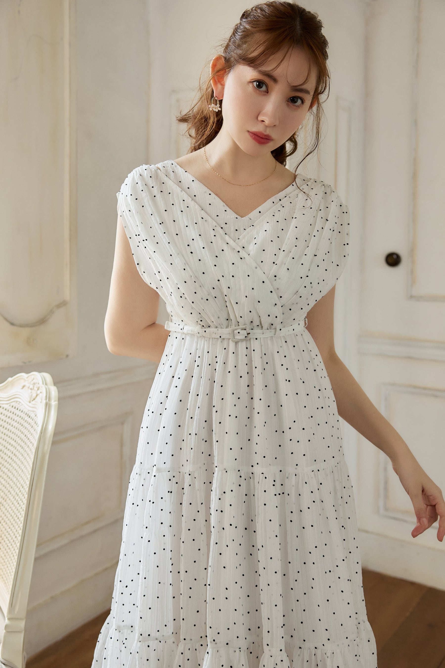 her rip to  Polka Dot Long Dressドットワンピース