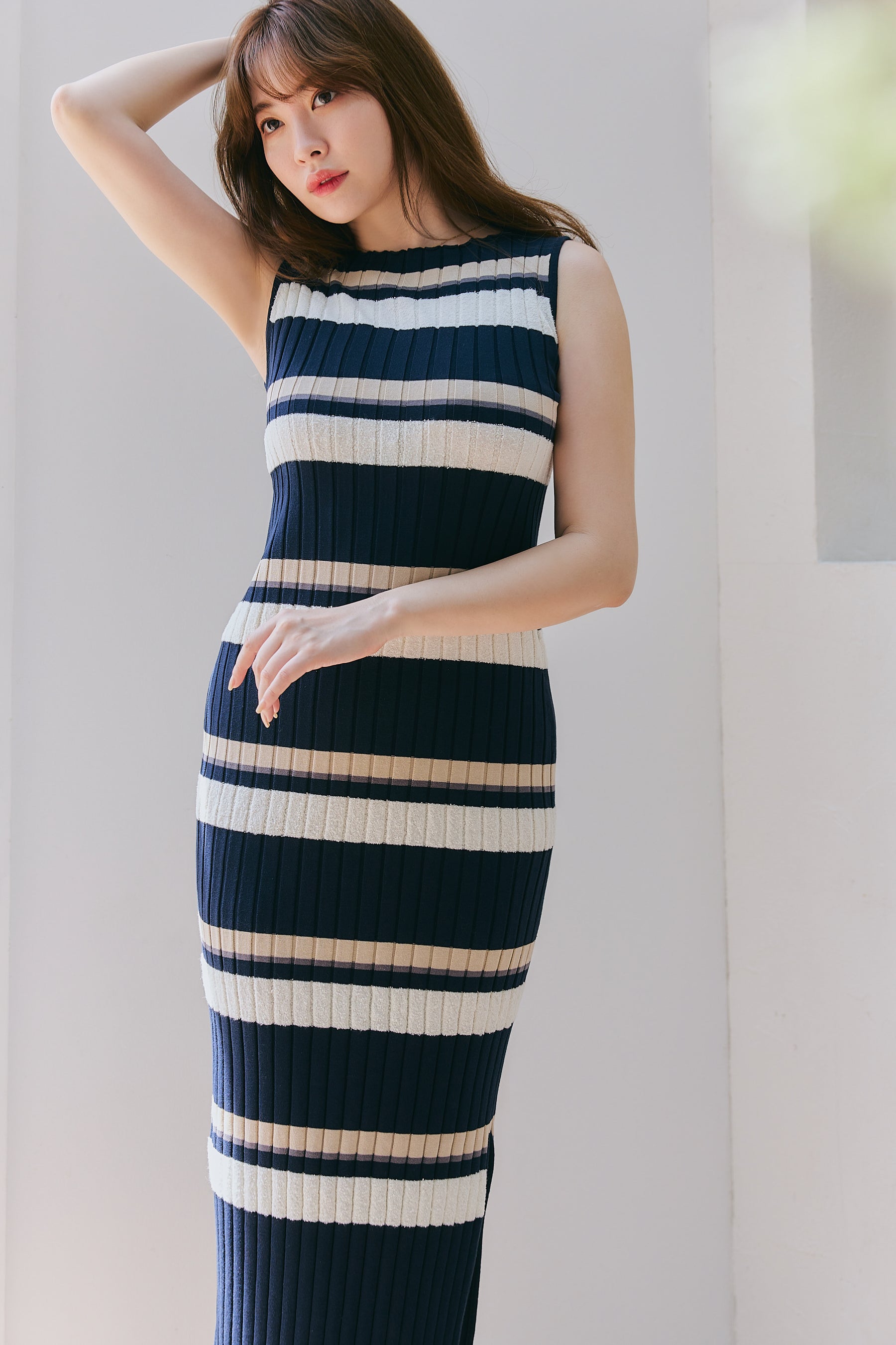 Shipped in mid-May] [New color] Cotton Striped Ribbed Knit Dress