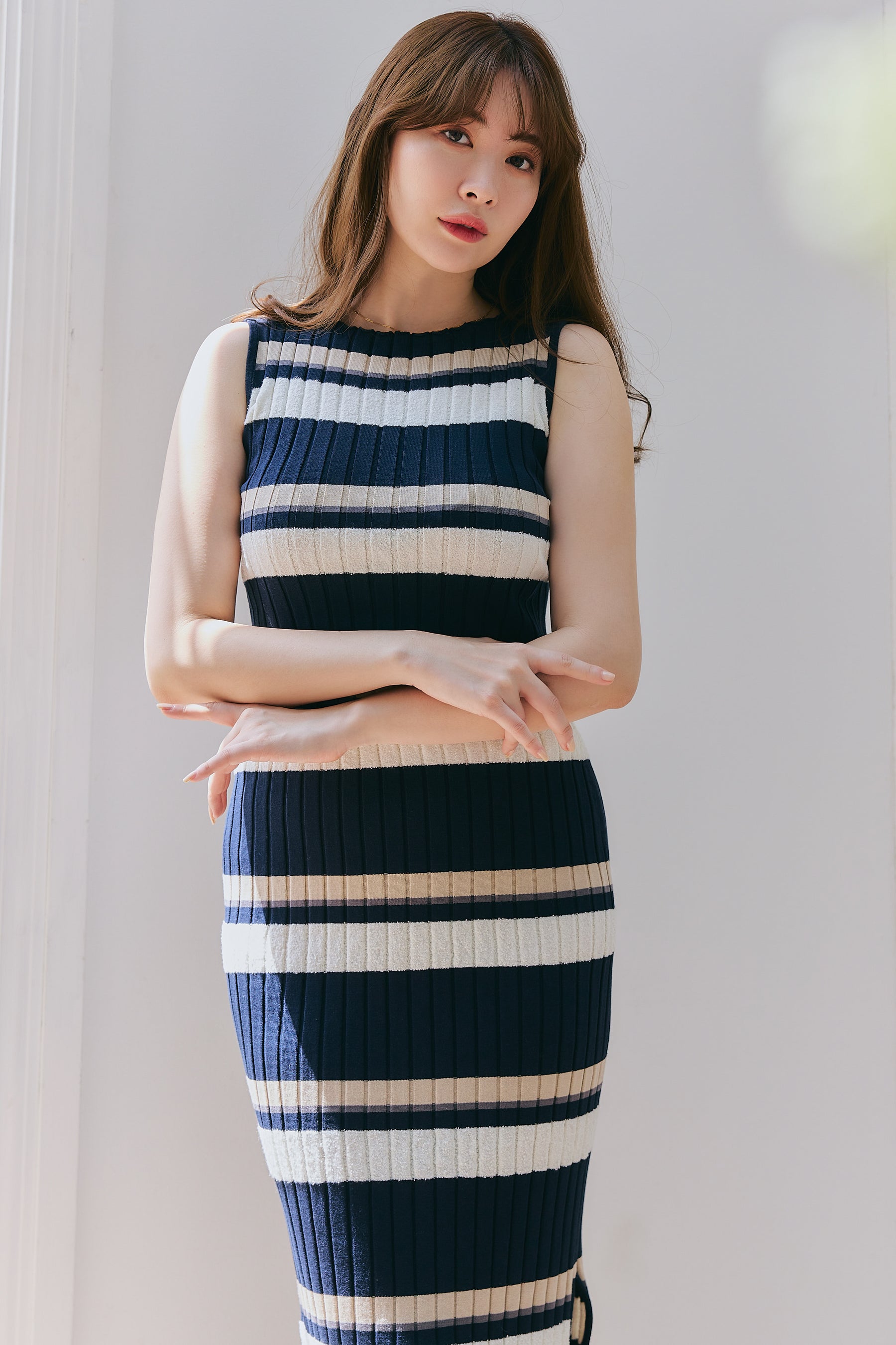 【5月中旬発送】【新色】Cotton Striped Ribbed Knit Dress