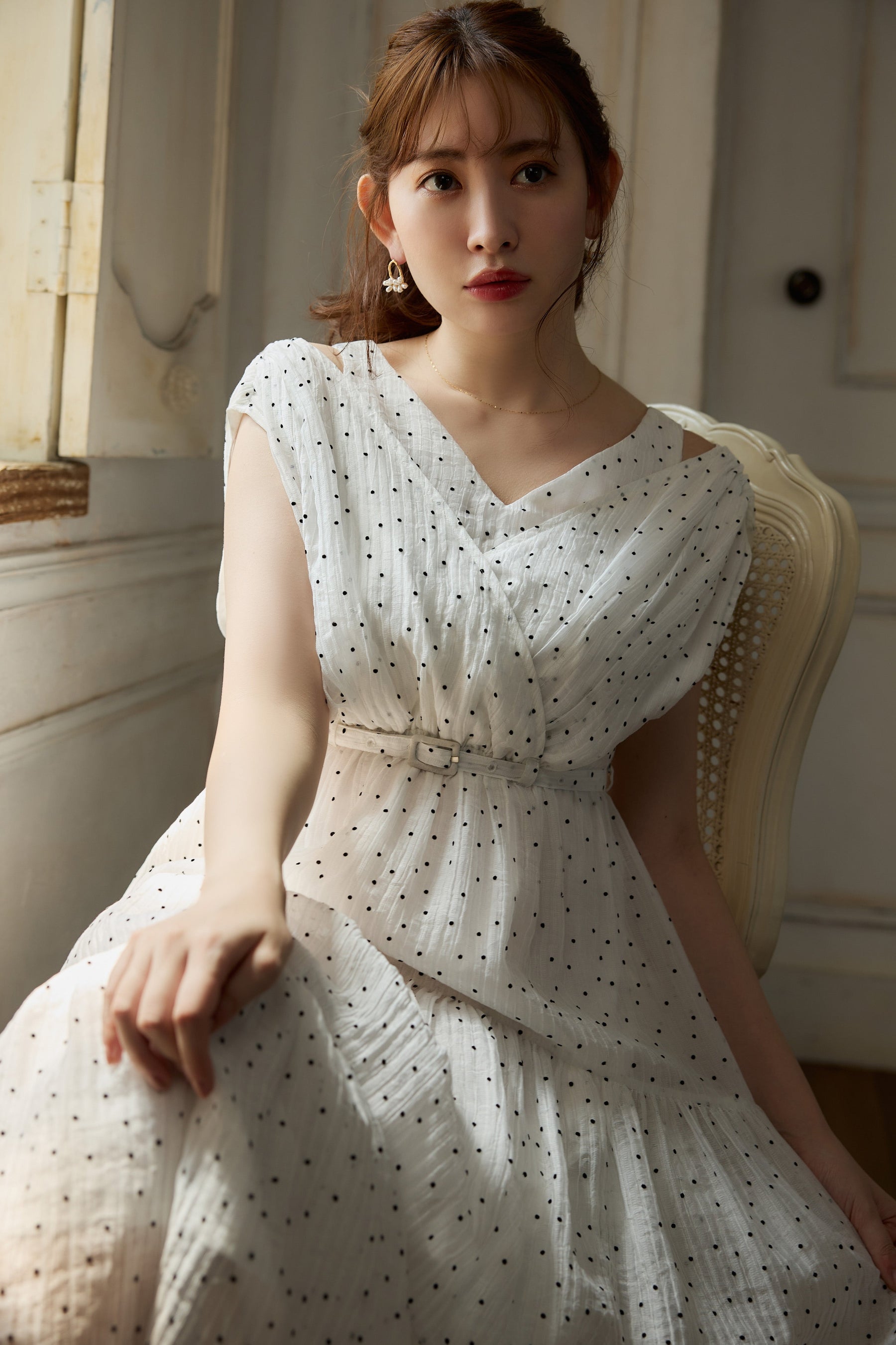 her rip to  Polka Dot Long Dressドットワンピース