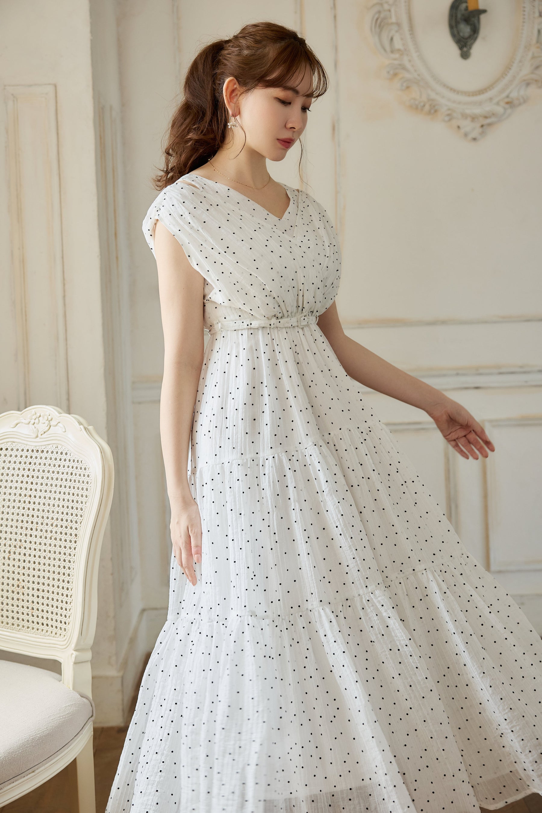 Tiered Polka-Dot Long Dress